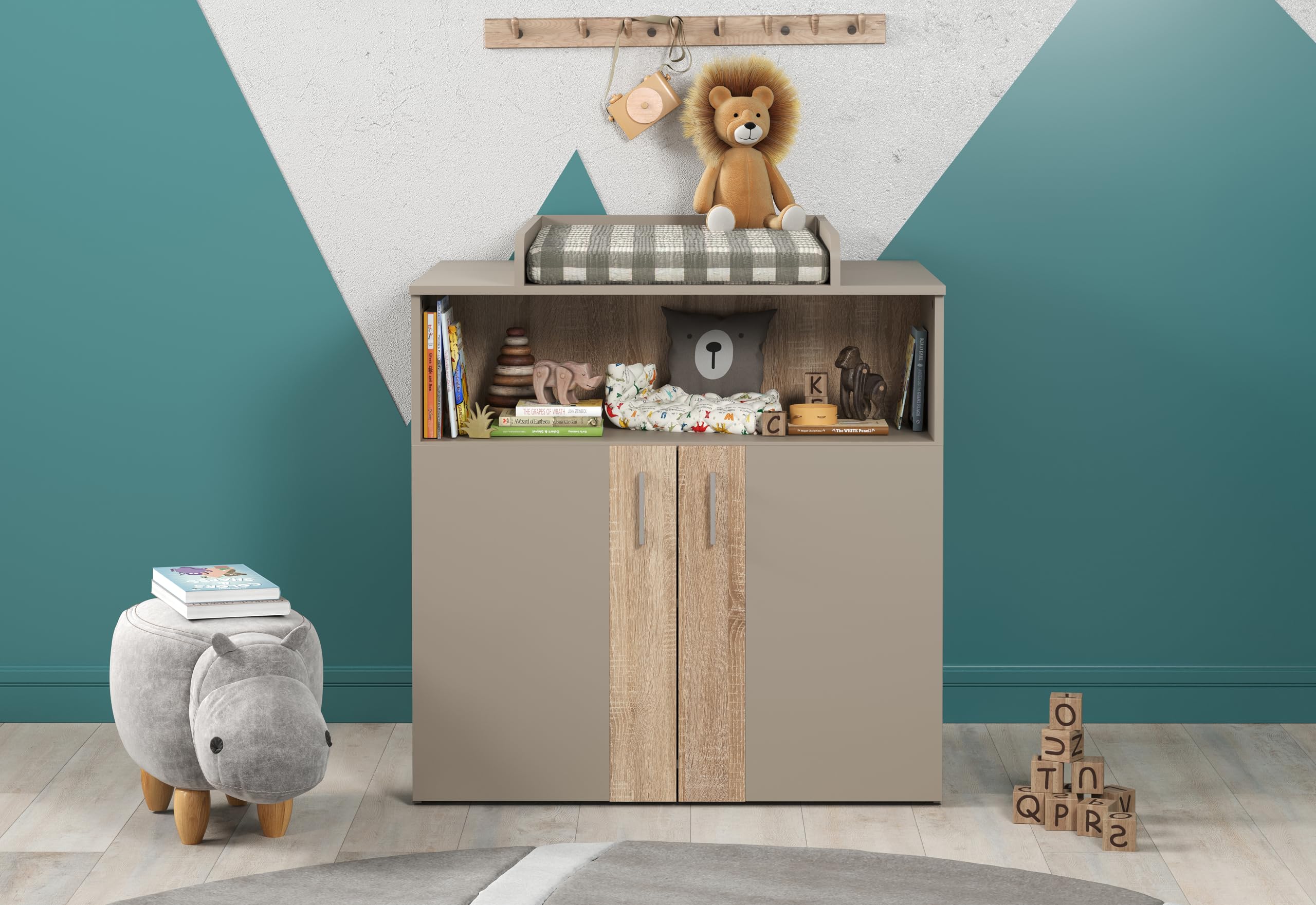 trendteam smart living Berry Babyzimmer Komplett-Set Beige/Eiche modernes Babyzimmer-Set bestehend aus Kleiderschrank, Babybett und Wickelkommode Bett höhenverstellbar von 19 auf 51,8 cm