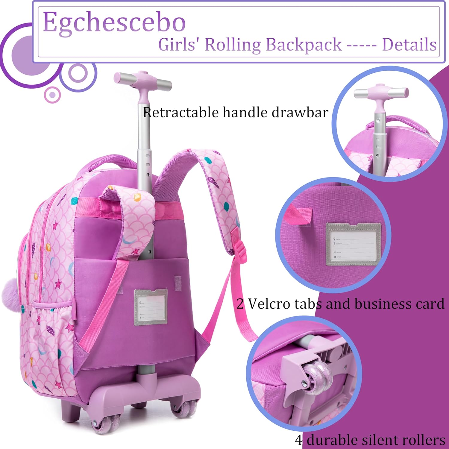 Kids Rolling Backpack for Girls Mermaid Suitcases Trolley Roller Luggage Backpacks on Wheels with Lunch Box Pencil Case for Elementary Multiple Compartment Pockets Travel School Bag Rose