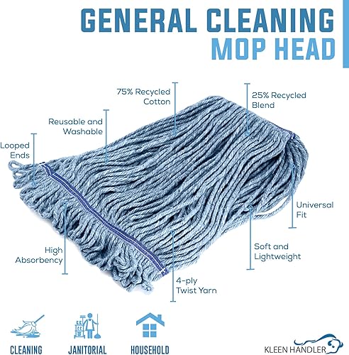Miniatura 2 de KLEEN HANDLER HEAVY DUTY Commercial Mop Head Replacement, Wet Industrial Blue Cotton Looped End String Cleaning Mop Head Refill (Case of 24)