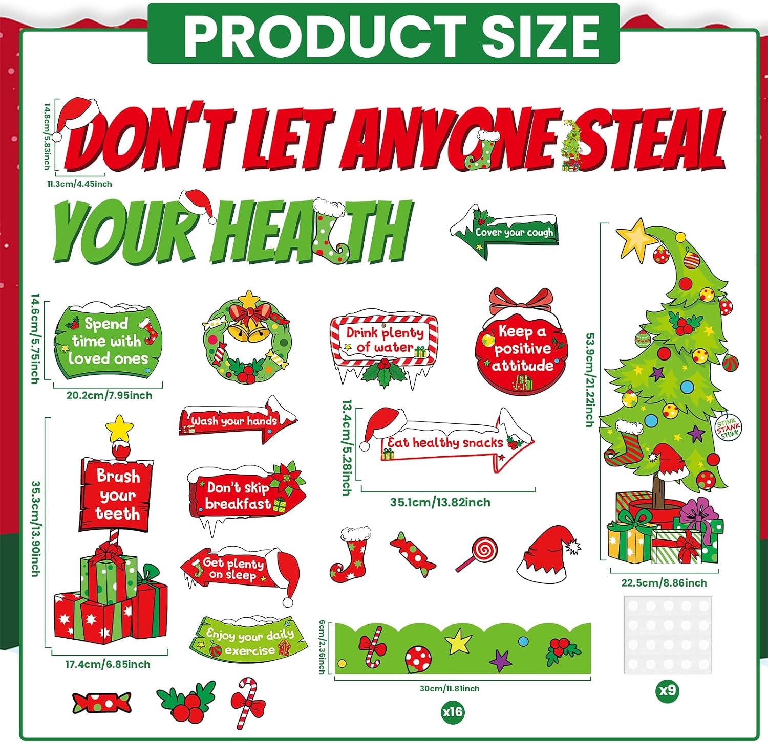 Christmas Bulletin Board Decorations Set Xmas Health Theme Paper Cutouts Christmas Accents Red Green Health Habits Bulletin Board Border Set for Xmas Winter Holiday School Chalkboard Wall Decor Supply