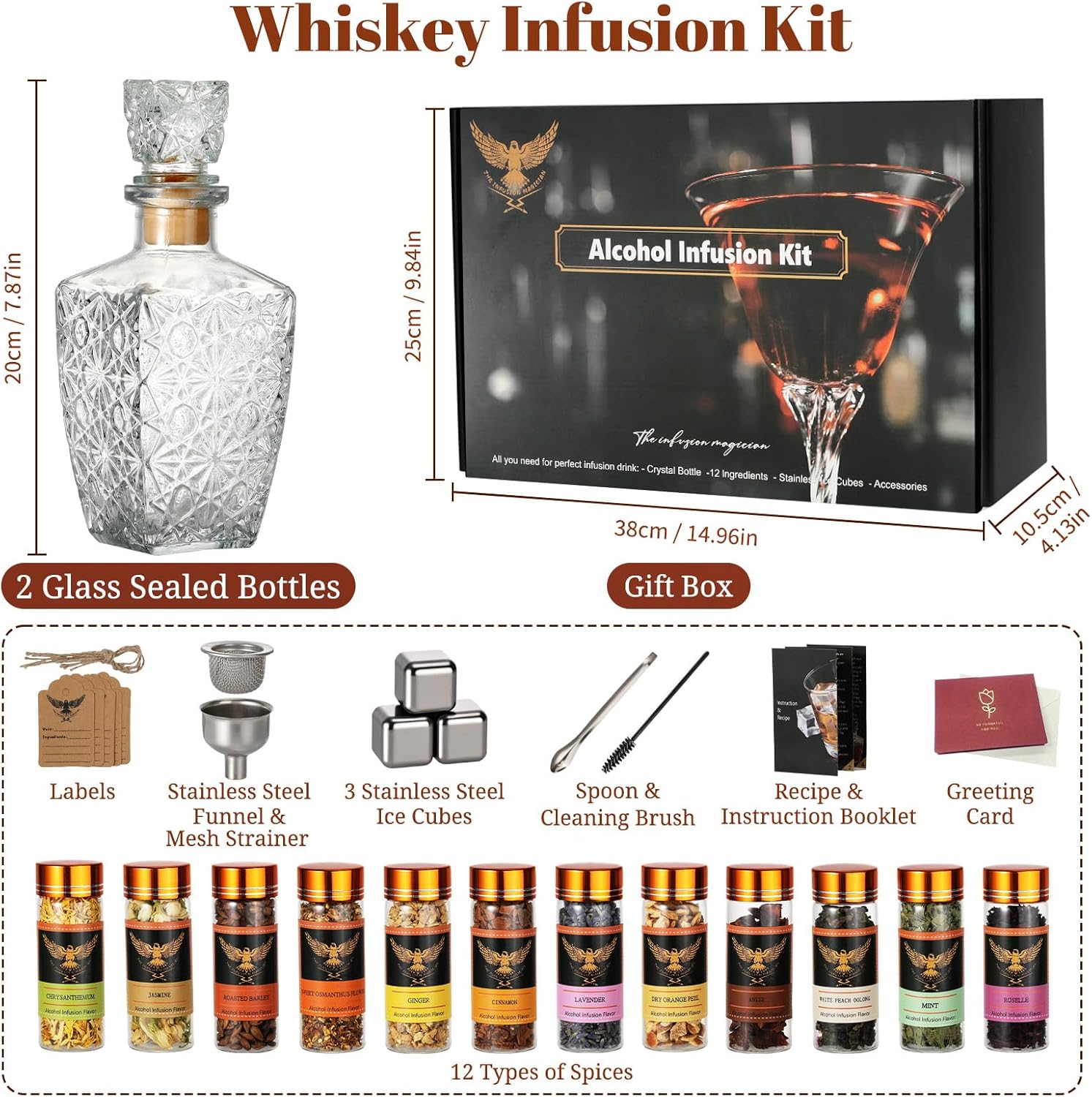 Alcohol Infusion Kit for Whiskey, Infusing Bourbon, Rye, Gin, Vodka, Tequila, Rum, Including Instructions Manual, Whiskey Gifts for Men, Home Bar Christmas Gifts for Men