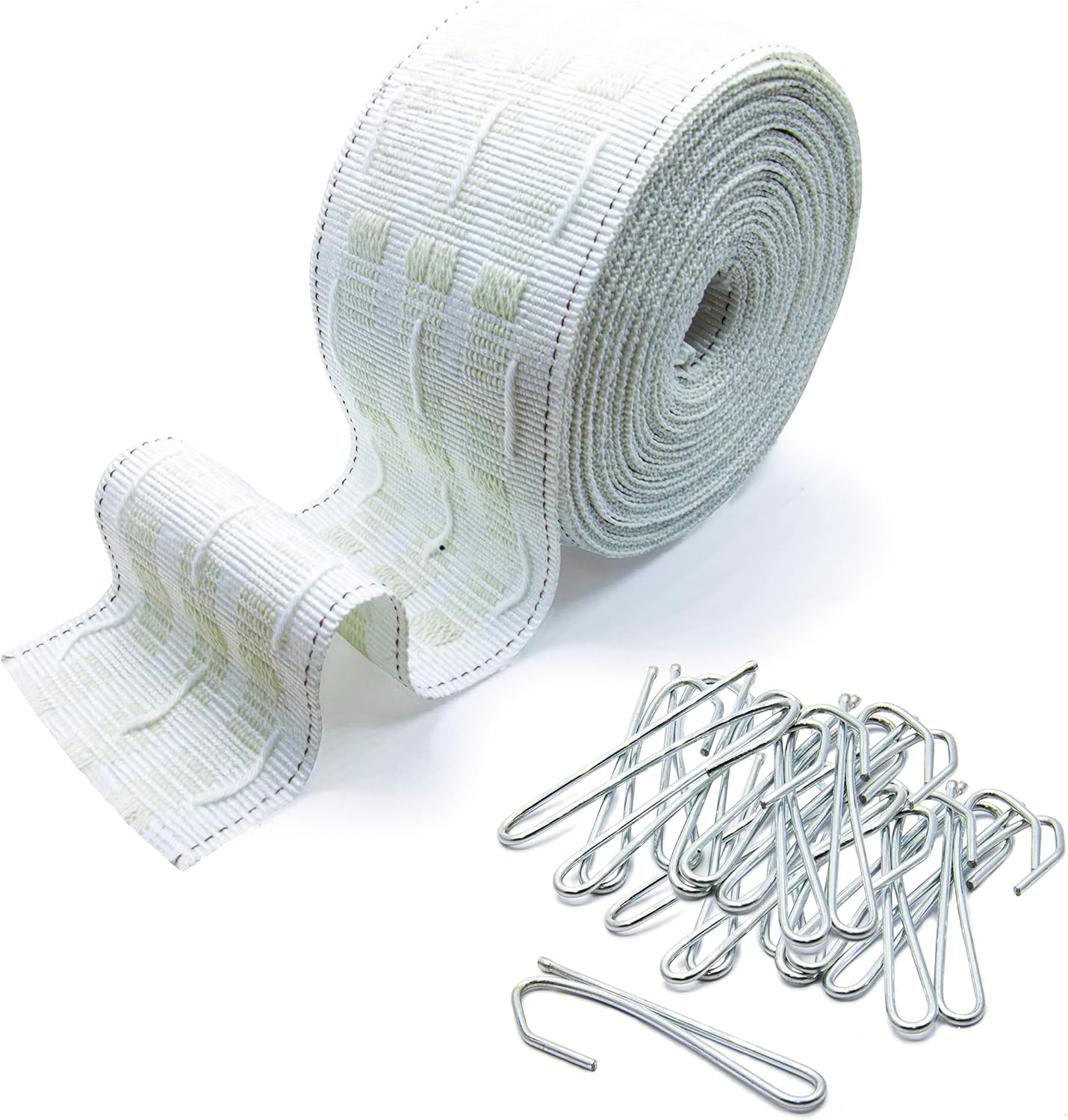 Marcoborthers Curtain Pleating Tape 10 Yards White British Style with 50 Pcs Stainless Steel Curtain Pleat Hook Clip, Perfect for Making Home Decor Projects.