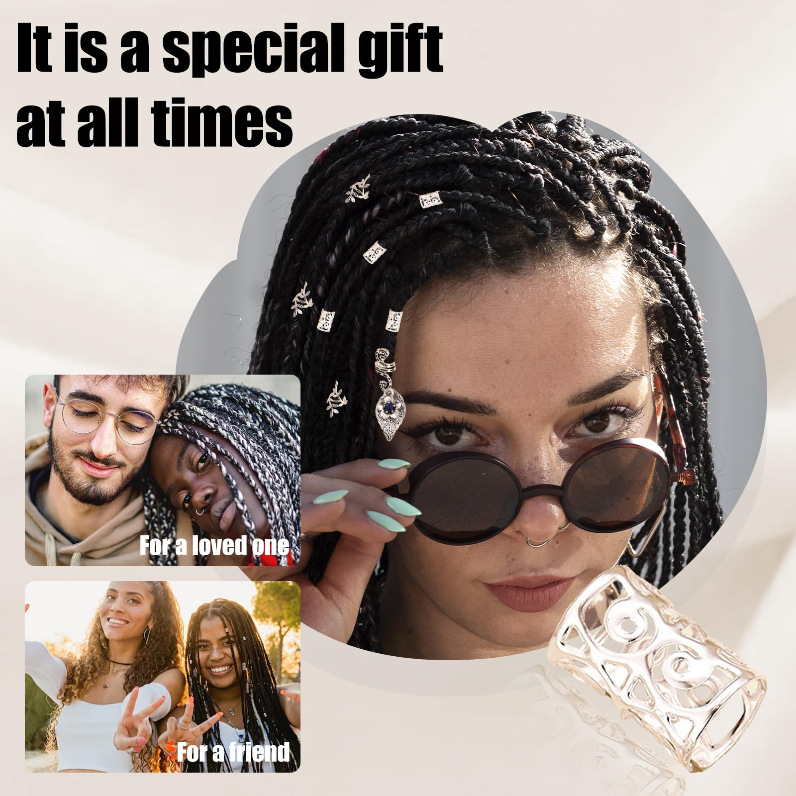 Joyeee Kit da 44PCS Perline Argento per Capelli – Tasselli di Pietra Cristallo Naturale Spirali Manicotti Filigrana Pendenti Farfalla con Strumento per Treccine Dreadlocks