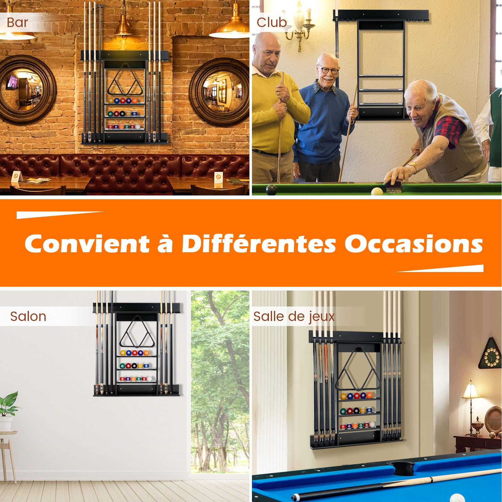 COSTWAY Porte-Queues de Billard Mural, Support pour 8 Queues et 15 Balles, Bois de Pin, Noir