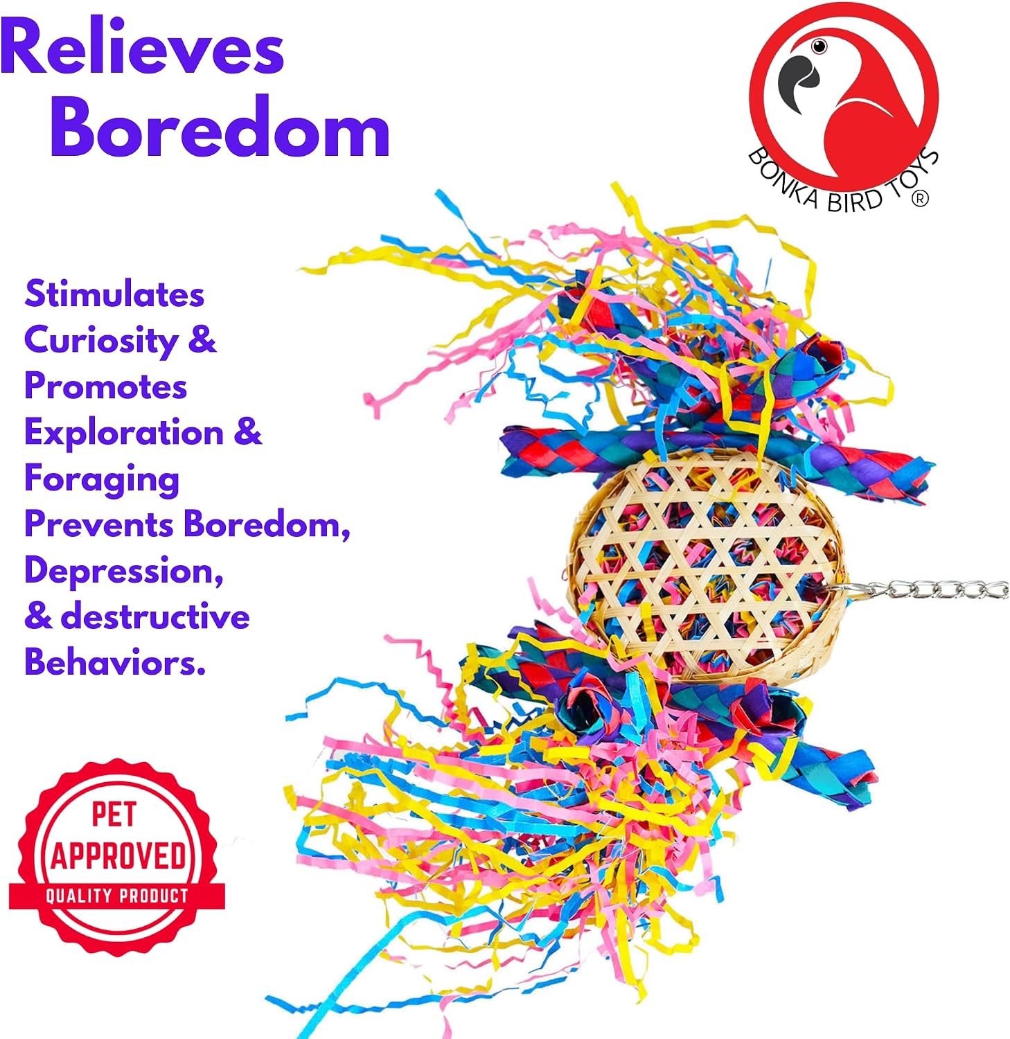 Bonka Bird Toys 1721 Round Basket Bamboo Paper Crinkle Beak Feet Hanging Forage Stuffed Shredding Foraging Pulling Colorful Parrot Parrotlet Finch