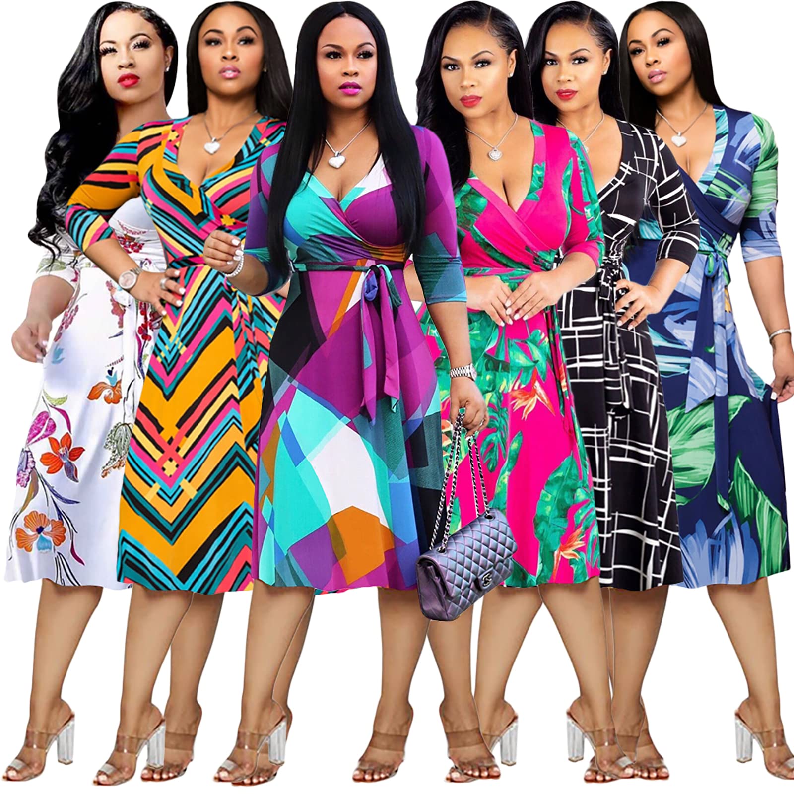 Womens Plus Size Summer Dresses Sexy V Neck Midi Dress Faux Wrap Dress 34 Sleeve Boho Casual Floral A-Line Skirts product thumbnail 8