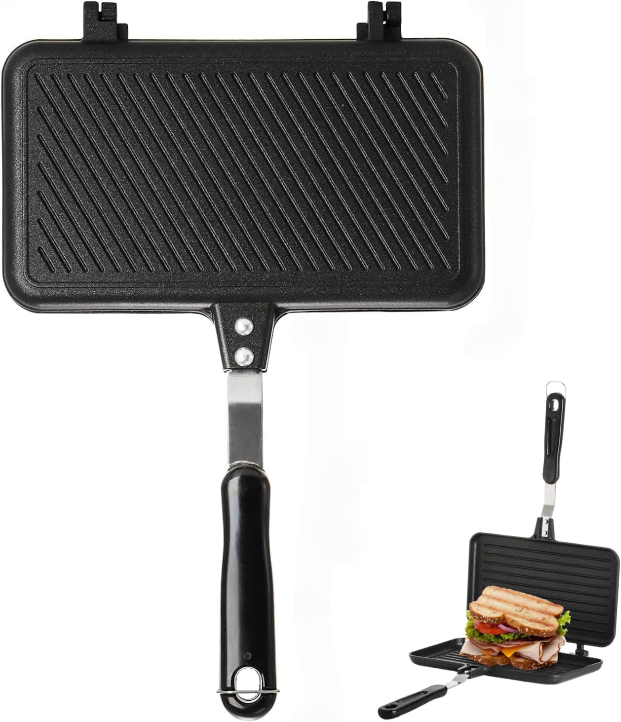 SOUJOY Sandwich Maker, Non-stick Grill Panini Maker Pan with Handle, Stovetop Toasted Aluminum Flip Pan Indoor Outdoor Camping Home Kitchen Breakfast