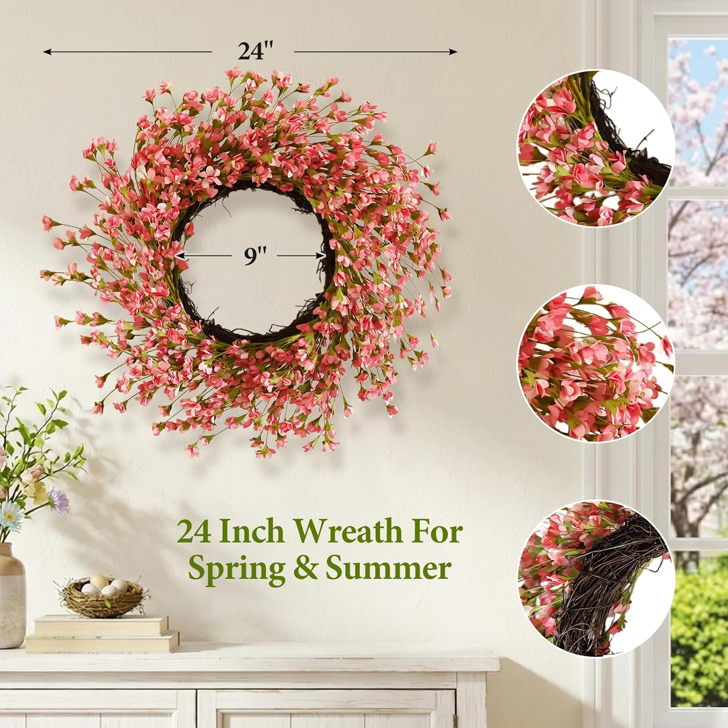 Pink Spring Wreath for Front Door, 24 Inch Artificial Cherry Wreath for Home Decor, Spring Door Wreath for Easter Mothers Day Farmhouse Home Indoor Outdoor Decor