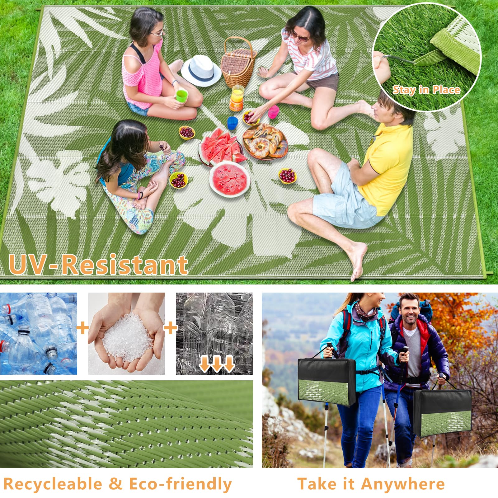 Tappeto da Esterno 270x365cm in Plastica Reversibile Resistente UV Verde Erba