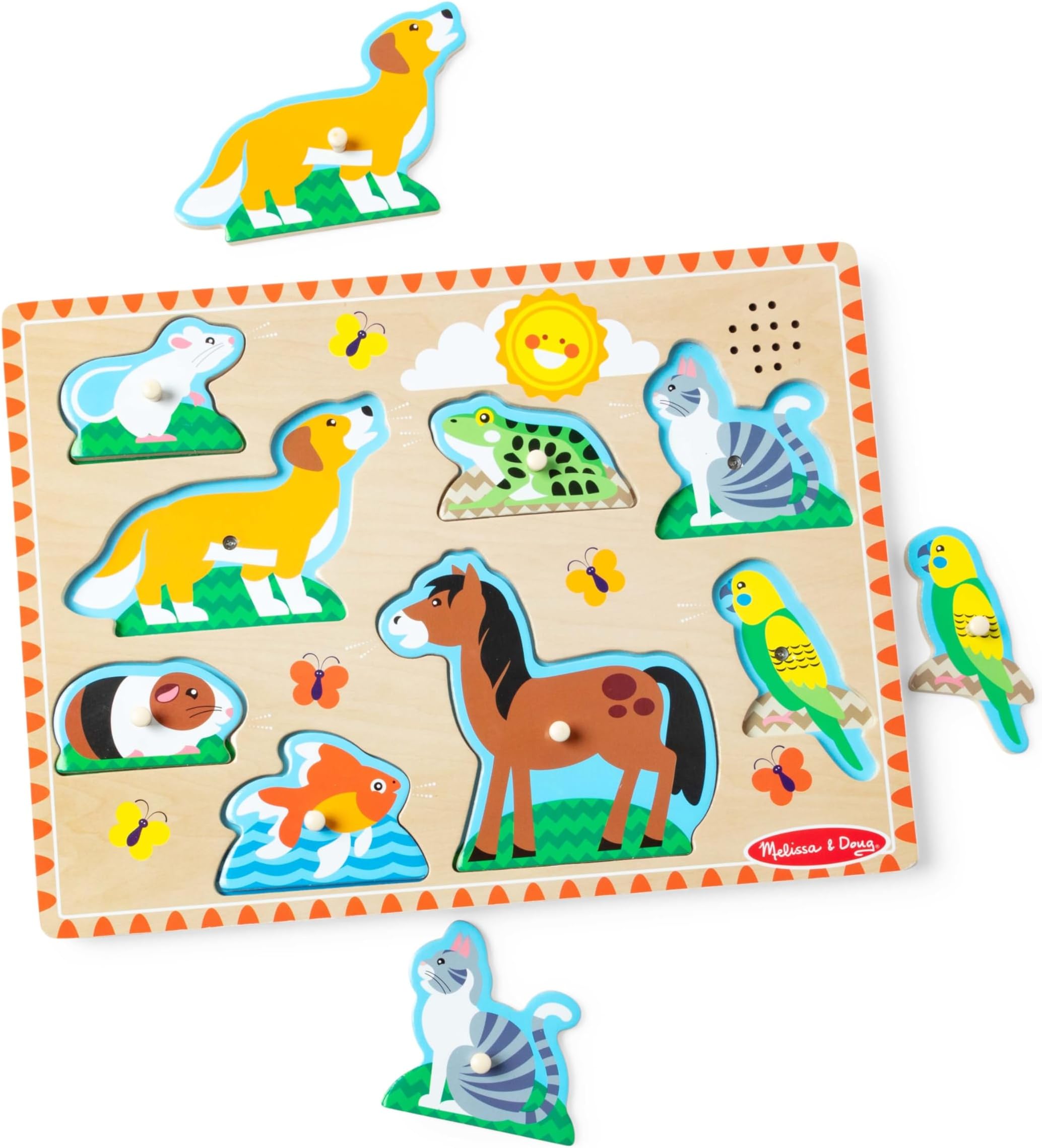 Melissa & Doug Pets Sound, Kids Wooden Puzzles for 2 Year Olds, Baby Puzzles, Wooden Peg, Toddler Sound, Shape, Jigsaws for Children Age 2 3 5, Multicolor