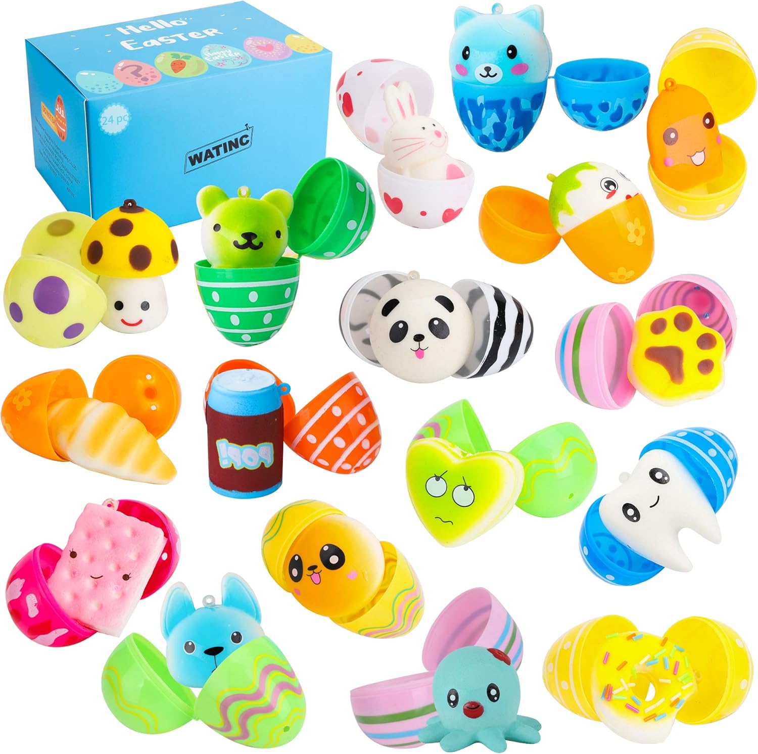 WATINC Random 24 Pcs Easter Eggs Filled with Kawaii Squeeze Toys Colorful Simulation Lovely Toy Mini Soft Food Squeeze Toys Cream Scented Stress Relief Party Fover Key Chains Phone Straps
