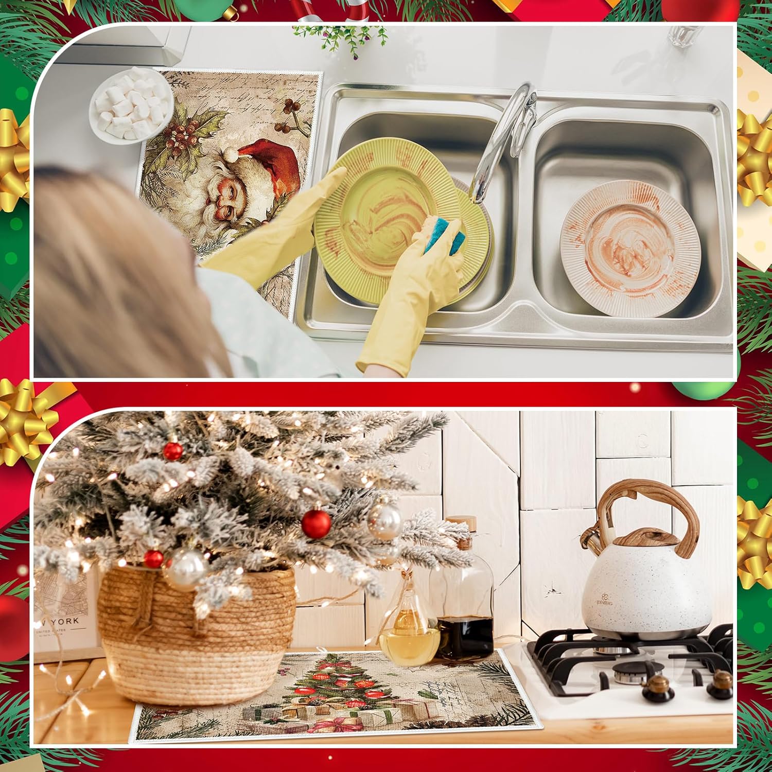 Meanplan Set of 6 Christmas Dish Drying Mats for Kitchen 24"x 16" Retro Xmas Kitchen Accessories Santa Berries Rectangle Table Mats Washable Absorbent Drainer Draining Dry Pad for Christmas Home Decor