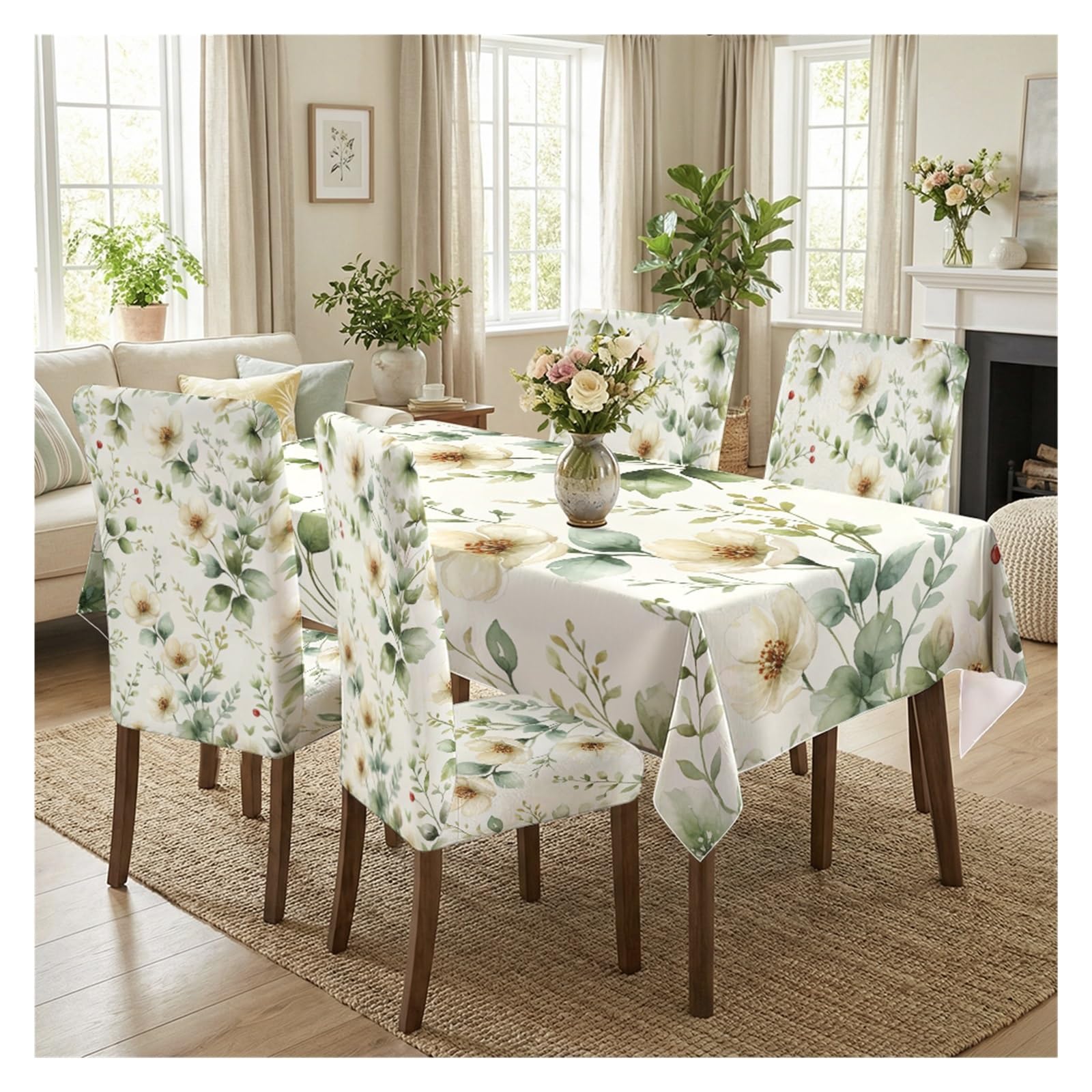 Table de fête : nappe et housses de chaise imprimé fleurs blanches et feuilles vertes
