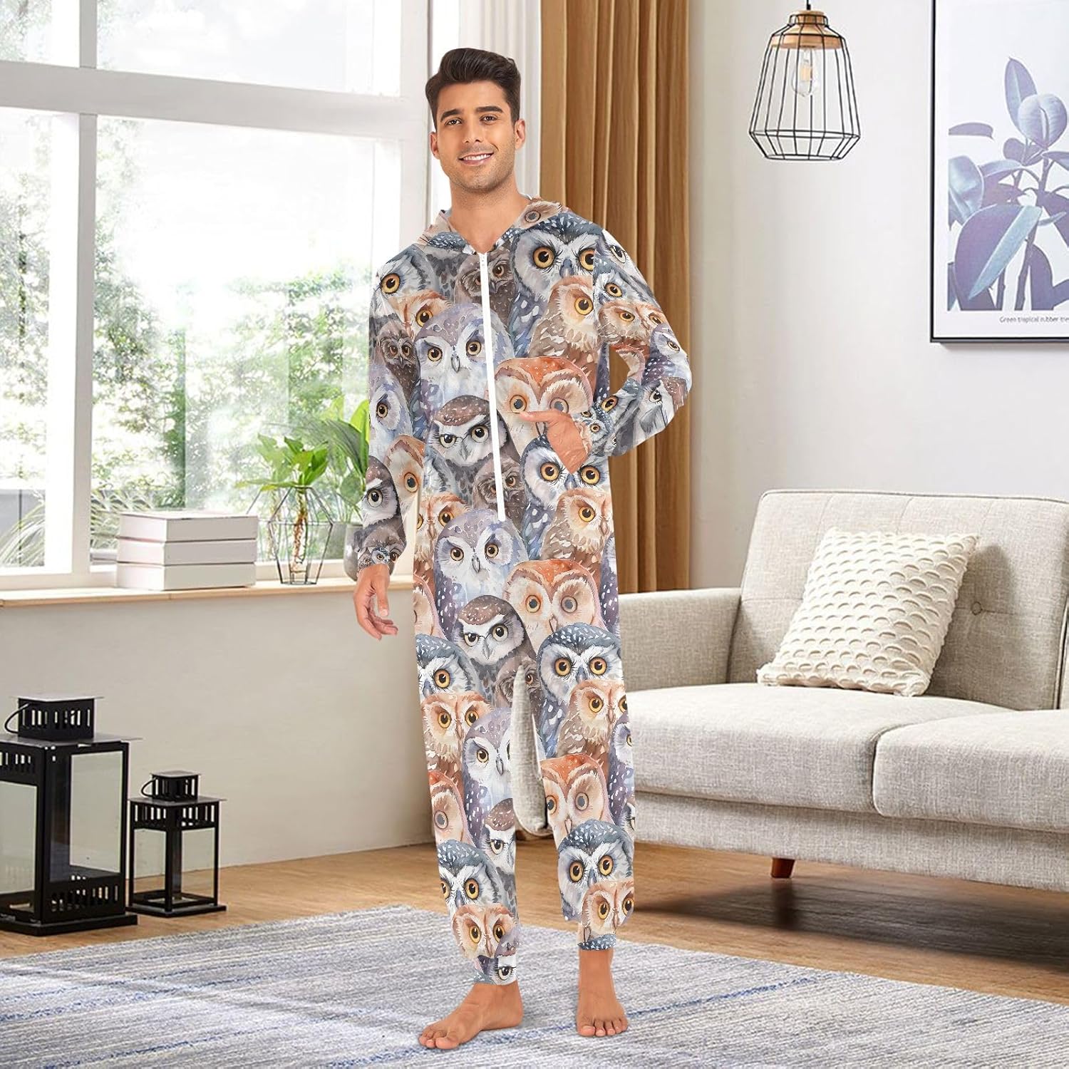 ALAZA Watercolor Animal Owlet Owl Adult Onesie Unisex Pajamas One-Piece Costume Hooded Jumpsuit Sleepwear for Men Women