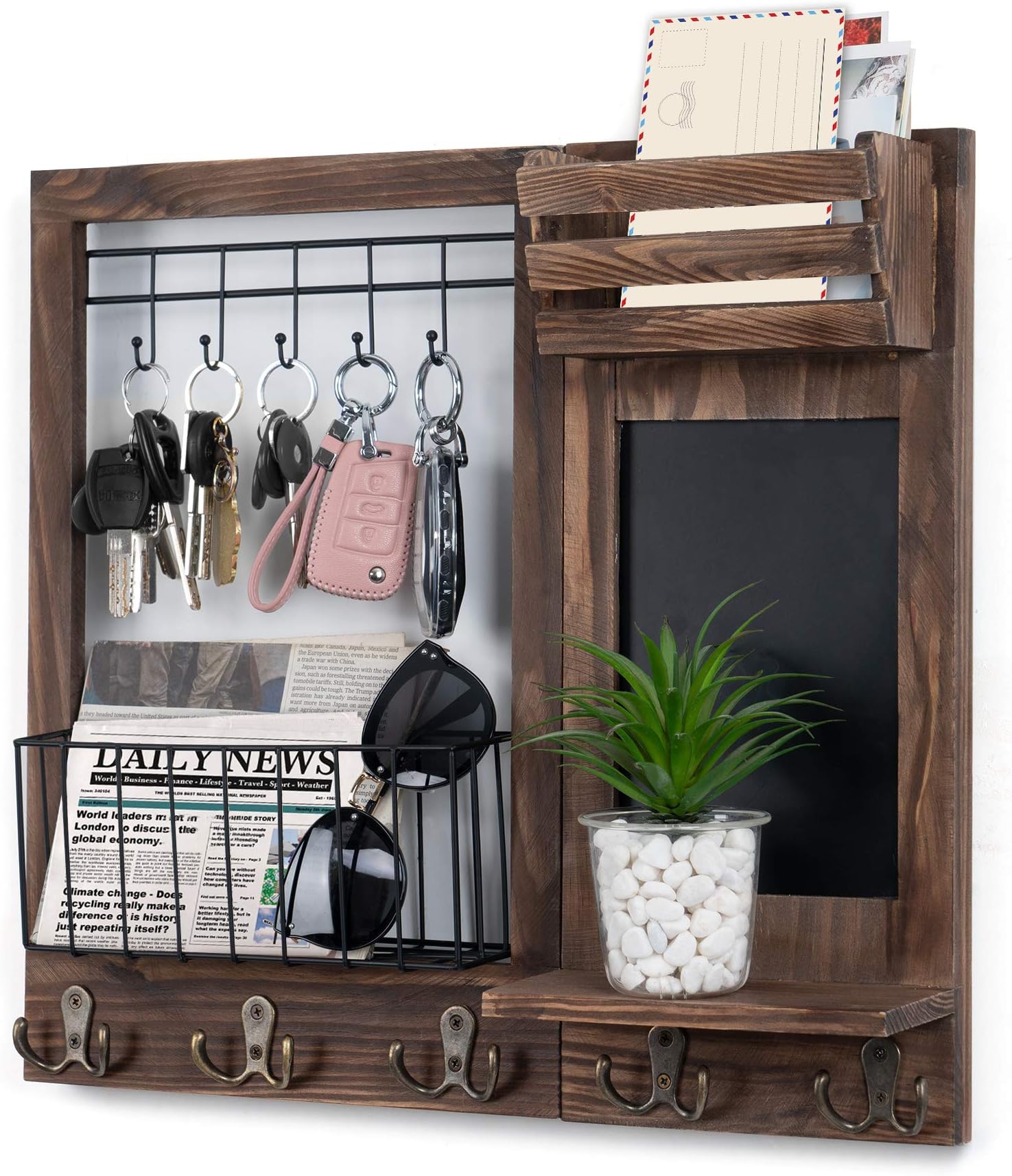 Key Holder for Wall, Mail Organizer Wall Mount with 5 Hooks and Shelf, Home Decorative with 5 Double Hooks and Chalkboard for Home Coat/Letter/Dog Leash/Entryway/Hallway/Living Room Decor