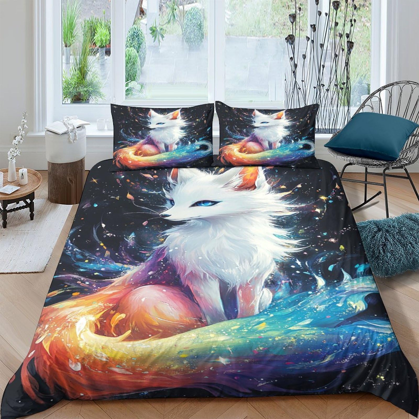 TUFRTGYHN 3D Printed Fantasy Fox Duvet Cover Microfiber Soft Breathable Rainbow Fire Bedding Set with 2 Pillowcases for Bedroom Decor Single（135x200cm）