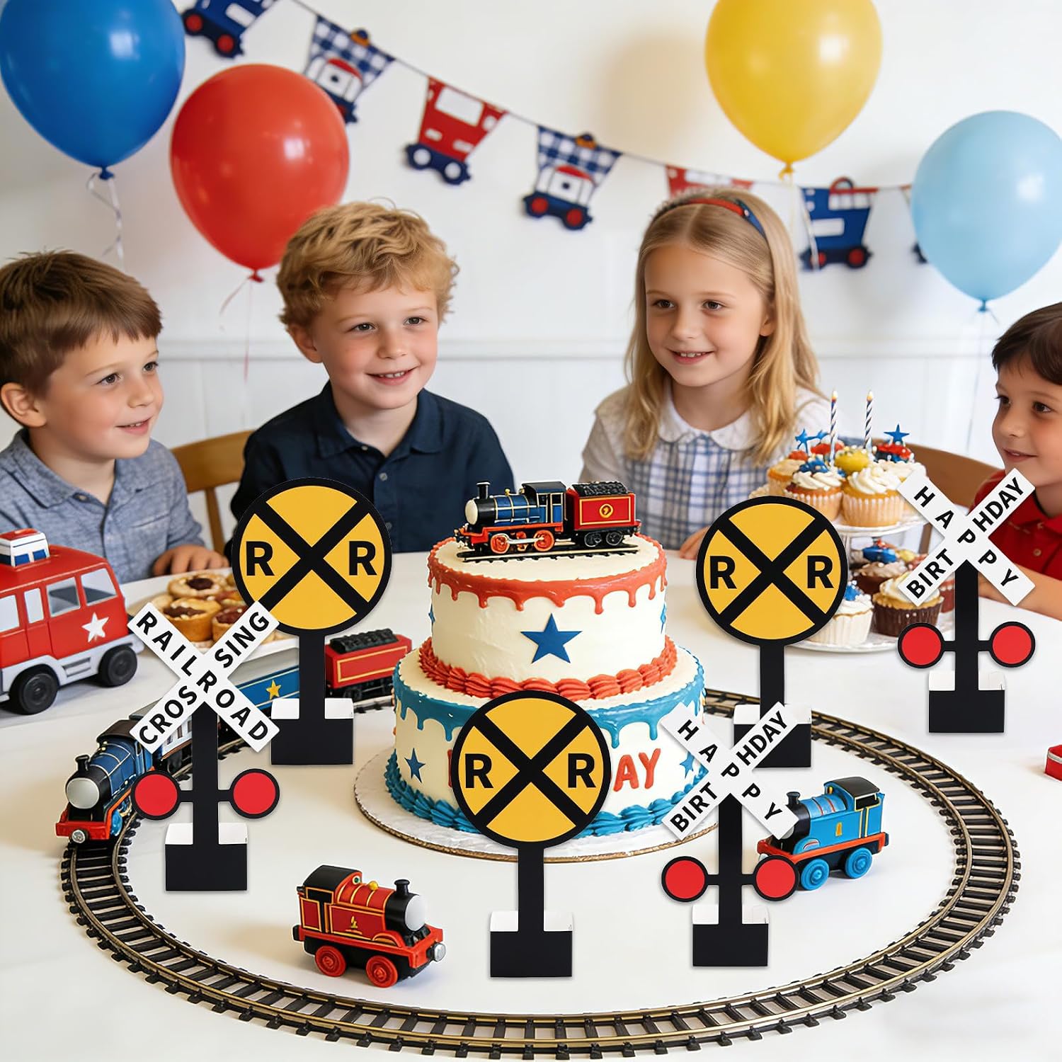24Pcs Railroad Crossing Sign Table Centerpieces Train Birthday Party Decorations Railroad Happy Birthday Sign Table Toppers for Train Theme Birthdays Party Baby Shower Photo Booth Prop Supplies