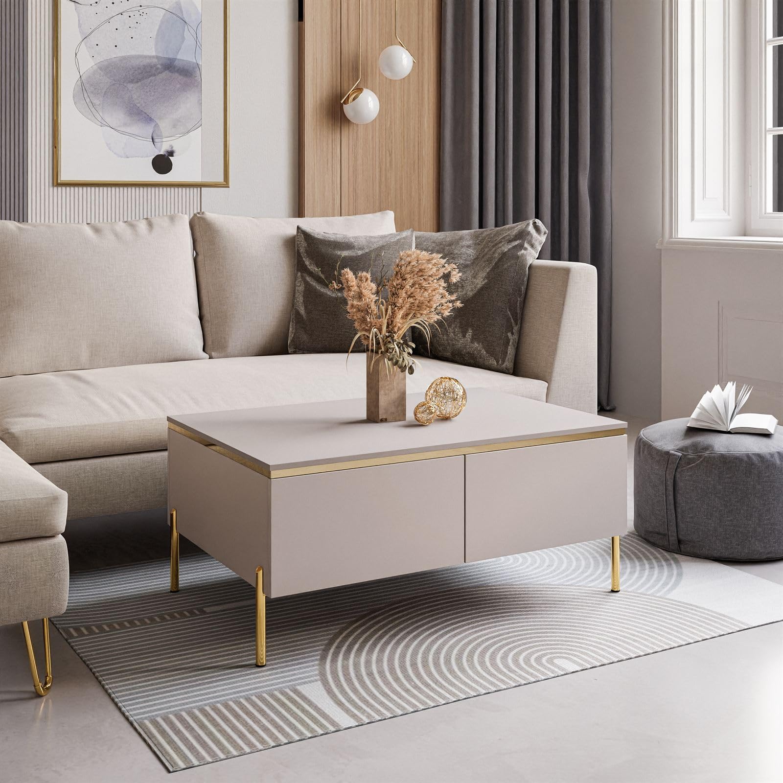 Lookway Couchtisch Aurora Kaschmir Matt mit Stauraum, auf goldenen Füßen und Goldener Dekorleiste – Modernes Wohnzimmermöbel (gerade Gold Chrom)