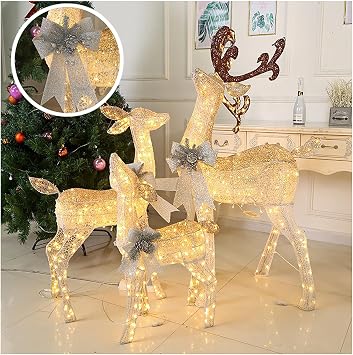 Atkits Christmas Lawn Decorations Christmas Decorations Outside Outdoor Reindeer Christmas Decorations Yard,3-Piece Pre-Lit Christmas Reindeer Family Set,Lighted Christmas Deer,3 Deers