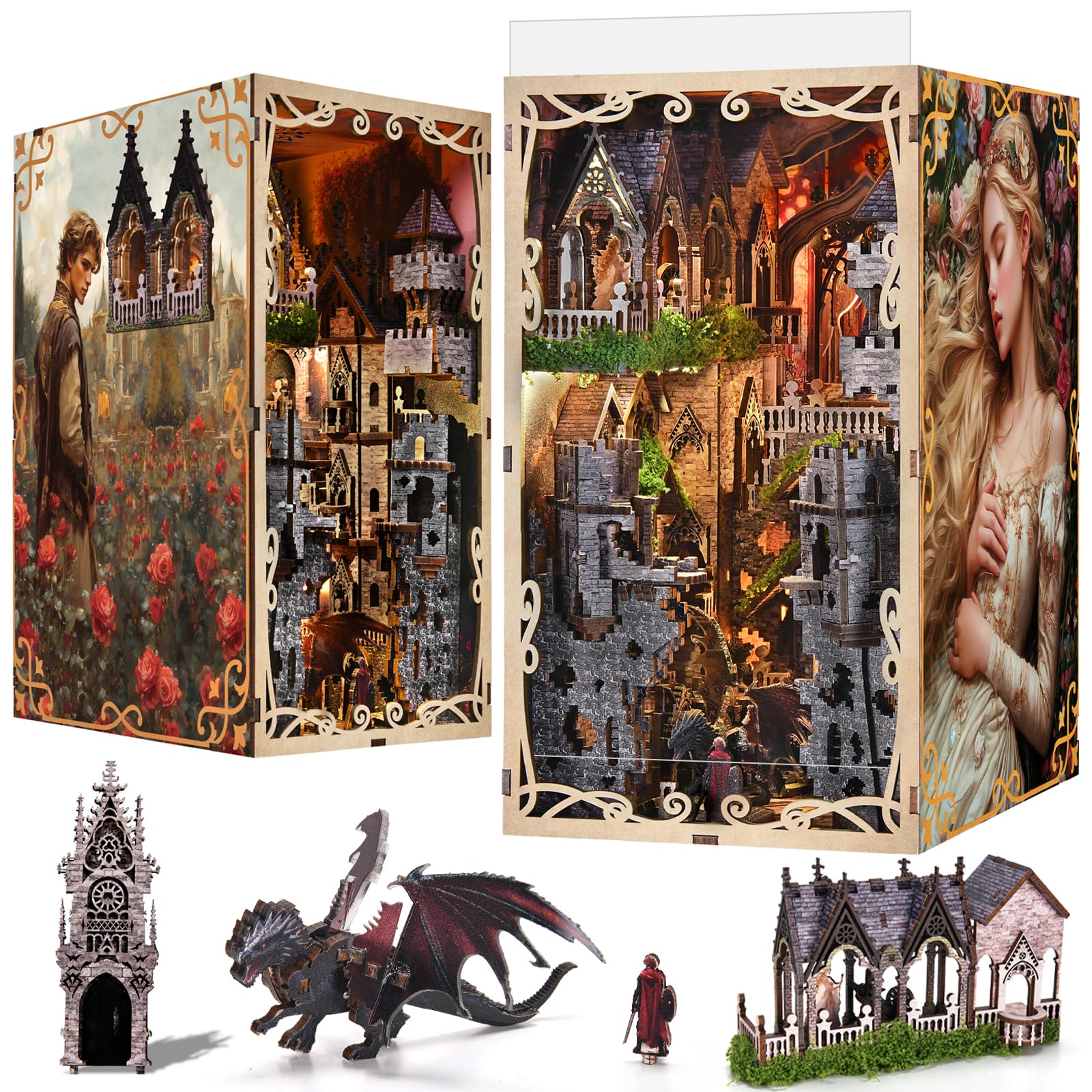 MiniCity DIY Book Nook Kit for Adults, 3D Wooden Puzzle Bookend Bookshelf Insert Decor with LED Light and Dust Cover (Sleeping Beauty)