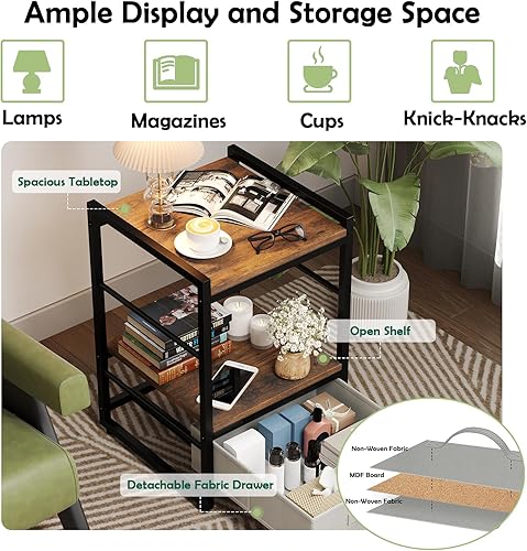 Miniatura 6 de Giantex Juego de 2 mesitas de noche industriales, mesita de noche rústica con cajón de almacenamiento y estante abierto, mesa auxiliar pequeña de 16