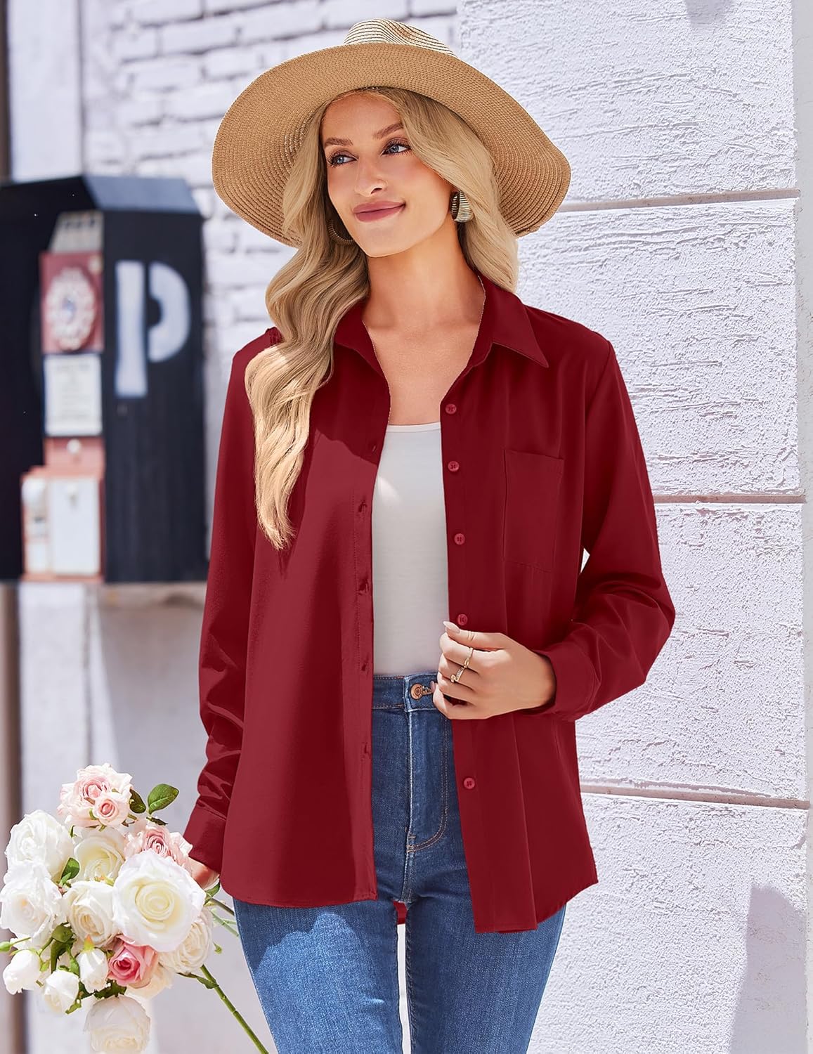 Zeagoo Womens Button Down Shirt Long Sleeve Blouse Business Work Tops Dressy Casual Floral Printed Outfits with Pocket - Image 6