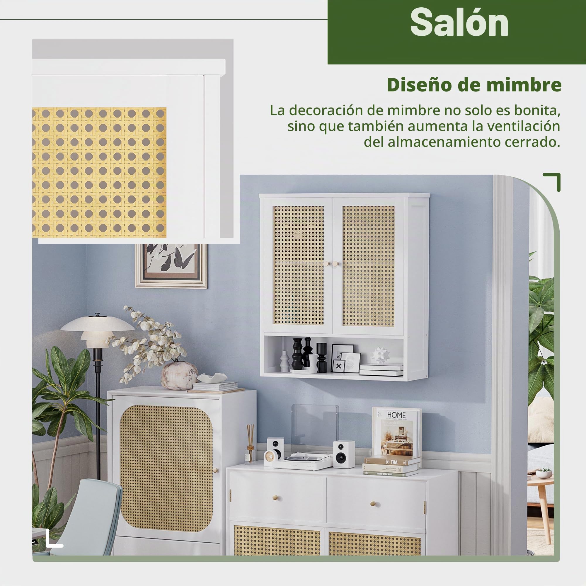 Mueble de Pared para baño, Organizador de Almacenamiento de bambú sobre el Inodoro con 2 Puertas de ratán y Estante Ajustable, botiquín de Ahorro de Espacio para lavandería, Cocina (Blanco)