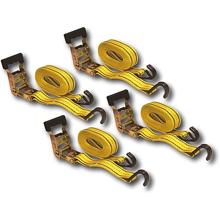 HFS(R) 4PC 1-1/2" x 15 ft Heavy Duty Ratchet Cargo Tie Down Straps 3000lbs Dual J-Hooks (Yellow)