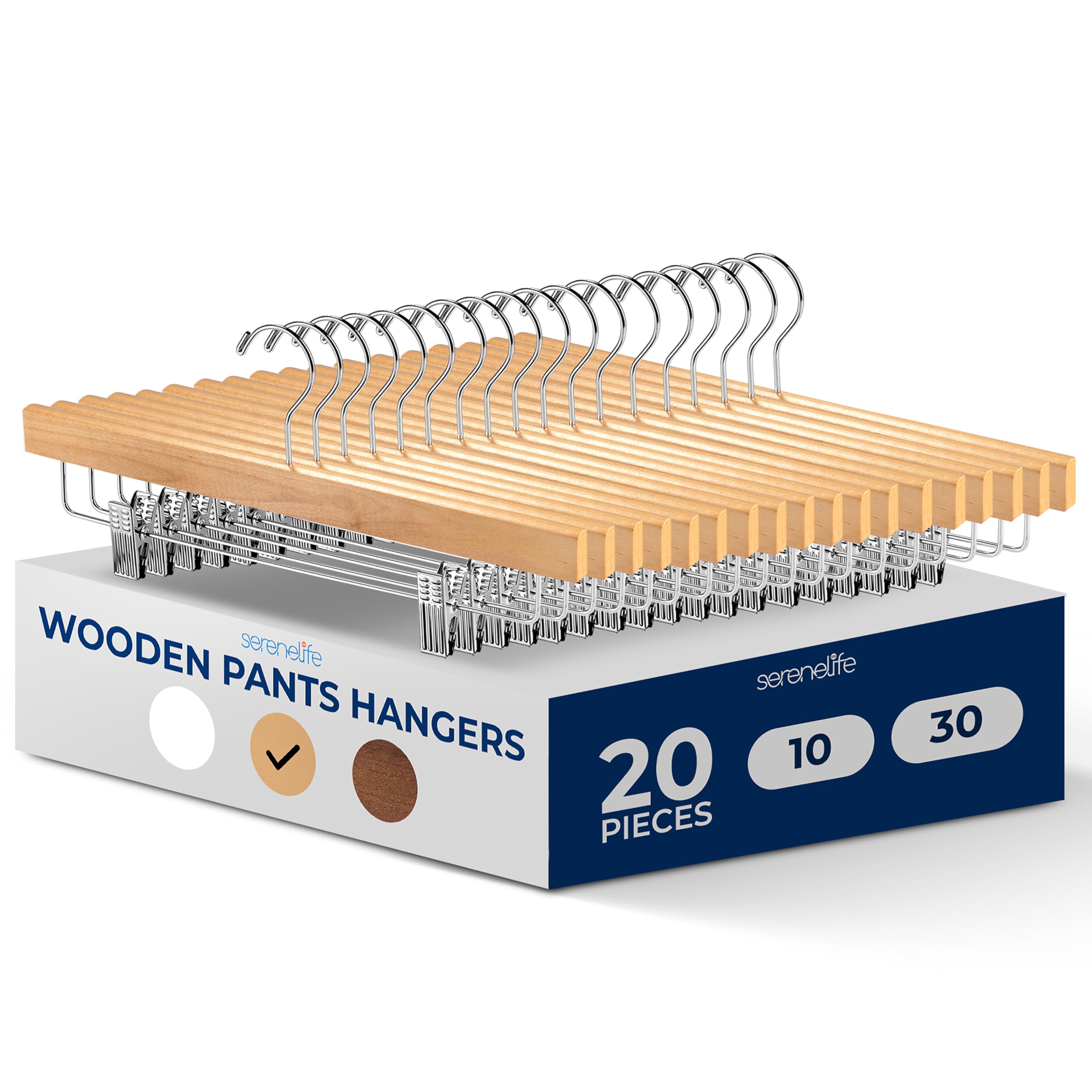 SereneLife Natural Wooden Trouser Hangers, 35cm Pants Hanger, 20pcs Smooth Wood Skirt Hanger Organizer with Adjustable Anti- Slip Clips, Swivel Hook Space Saving Premium Clothes Hangers