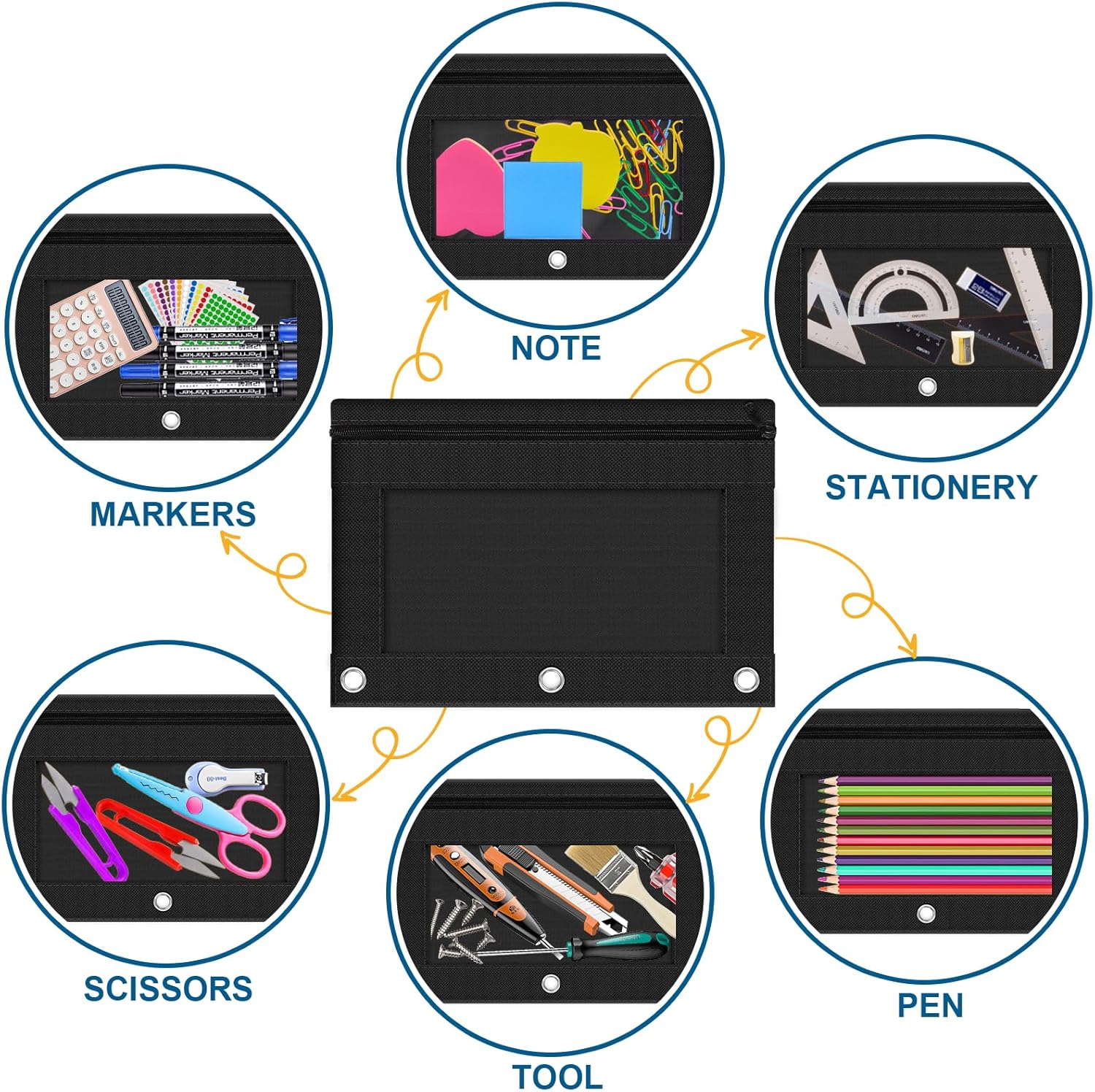 LURLIN Pencil Pouch for 3 Ring Binder, 24 Pack Pencil Bags with Zipper, Black Pencil Case for Classroom School Office Supplies, Large Sturdy and Durable Cloth Pencil Pocket for 3 Holder Binder