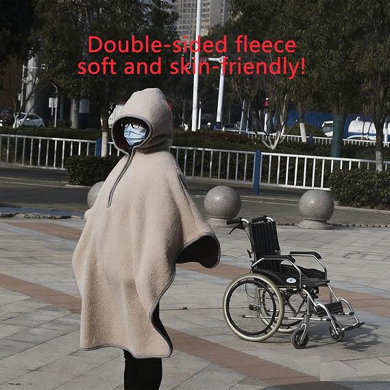Autumn/Winter Wheelchair Poncho with Hood - Windproof Plush, Knee Length, Machine Washable for Adults/Seniors & Electric/Manual Chairs(D,Double-sided)