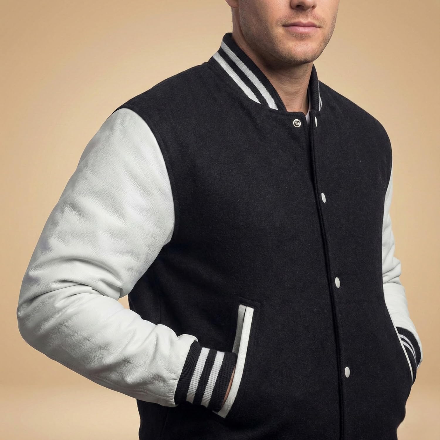 Men's Black Varsity Jacket Genuine White Leather Sleeves Wool Blend Letterman College Bomber Coat XS-3XL
