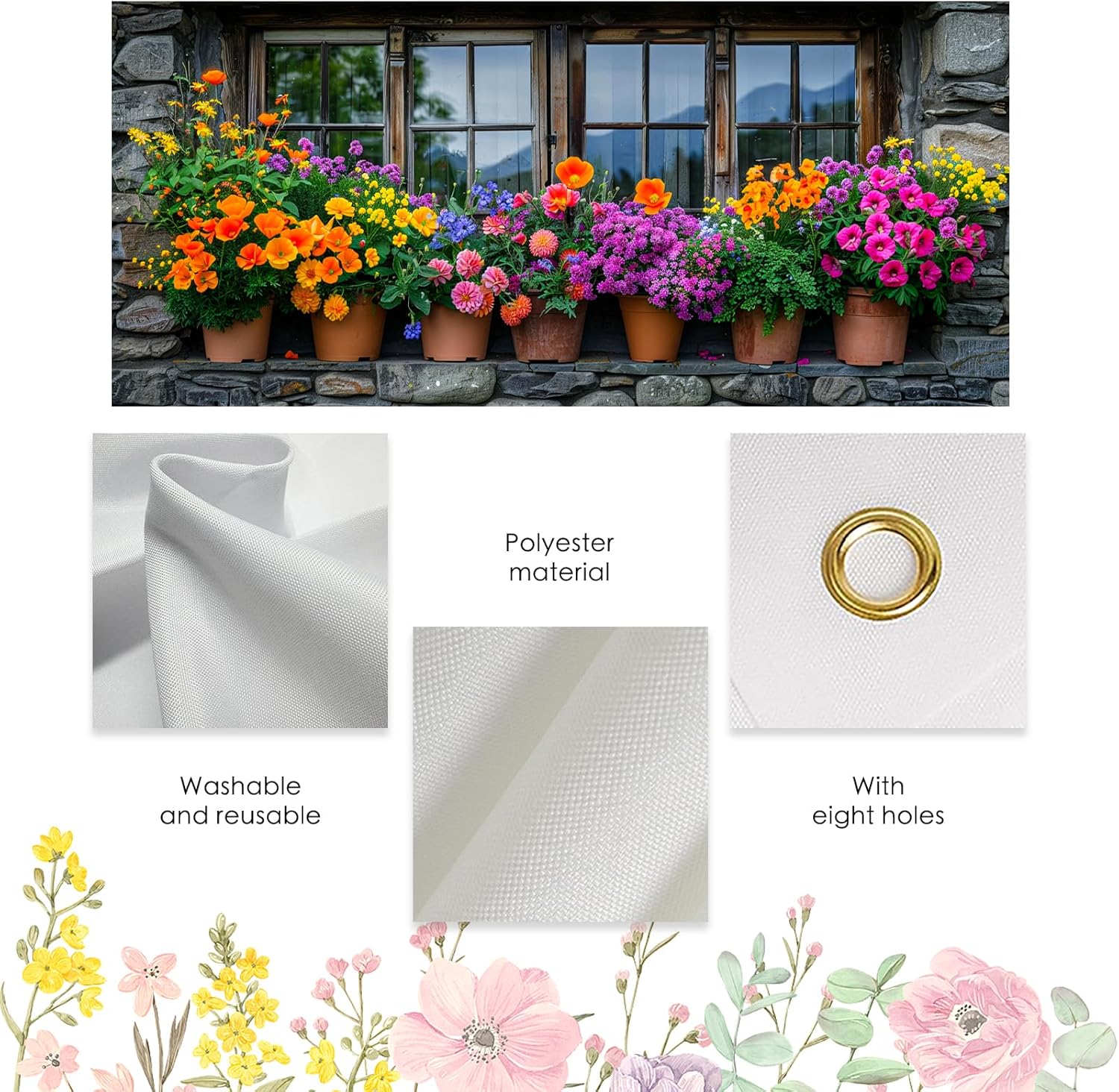 Nuxovilar Spring Garage Door Cover Stone Window Colorful Flower Pot Mountain View Decoration Polyester 157.48x70.87 Inches Spring Garage Door Cover for Outdoor Garage Yard Home