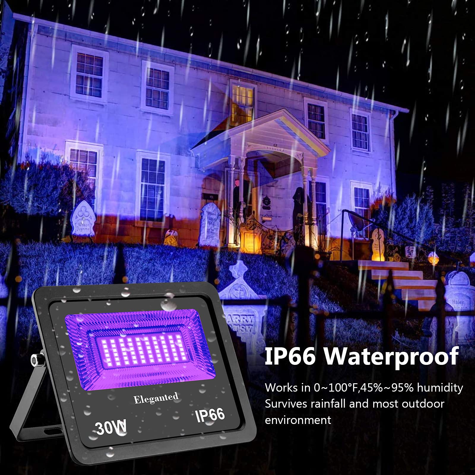 Eleganted 30W LED Luz Negra,395-400nm Foco UV, IP66 Impermeable Foco Fluorescente Exterior, Luz Ultravioleta para Bar, Discoteca, Fiesta, Pinta Corporal, Halloween