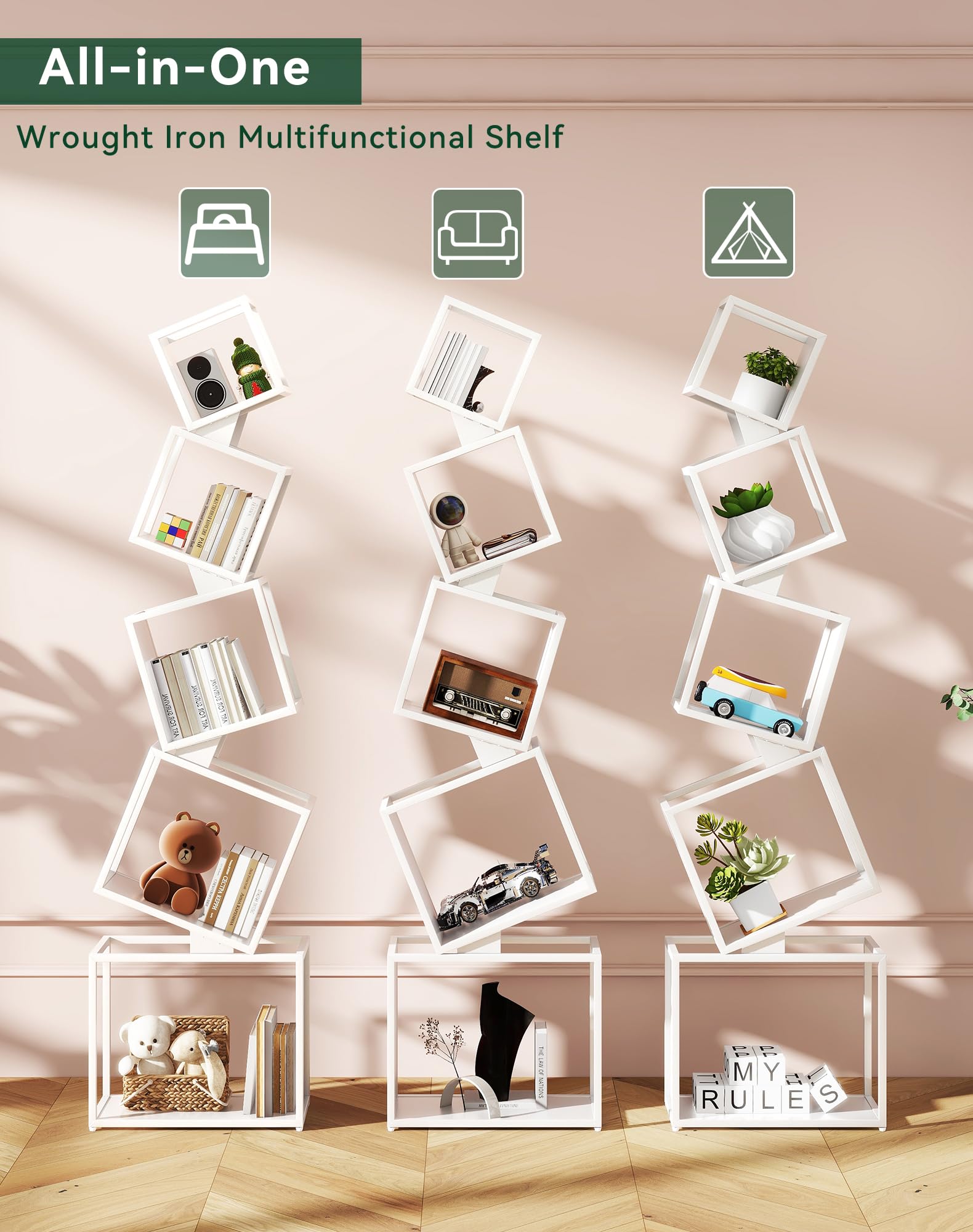 YMYNY Libreria a Cubi, Scaffale in Metallo con 5 Livelli, Alto 180 cm, Libri moderni verticali, Scaffale Portaoggetti Aperto, Geometrico, per Soggiorno, Camera da Letto, Studio, Bianco HBC007W