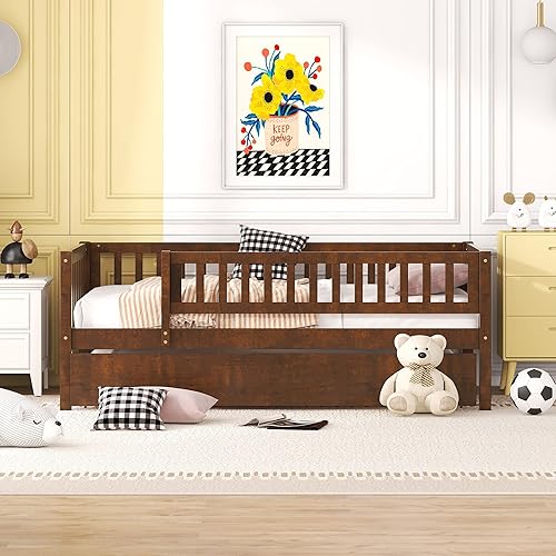 Miniatura 3 de Harper & Bright Designs Sofá cama individual con nido, marco de cama infantil de madera tamaño individual con valla, cama nido individual para