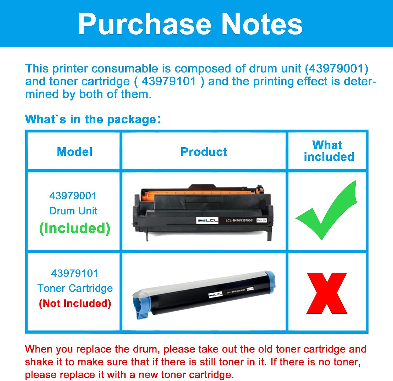 LCL Compatible Drum Unit Replacement for OKI B410 43979001 B410d B410dn B420 B420d B420dn B430 B430d B430dn B440 B440d B440dn B460 MB460 MB460-MFP B470 MB470 MB470-MFP B480 Printer (1-Pack Black)