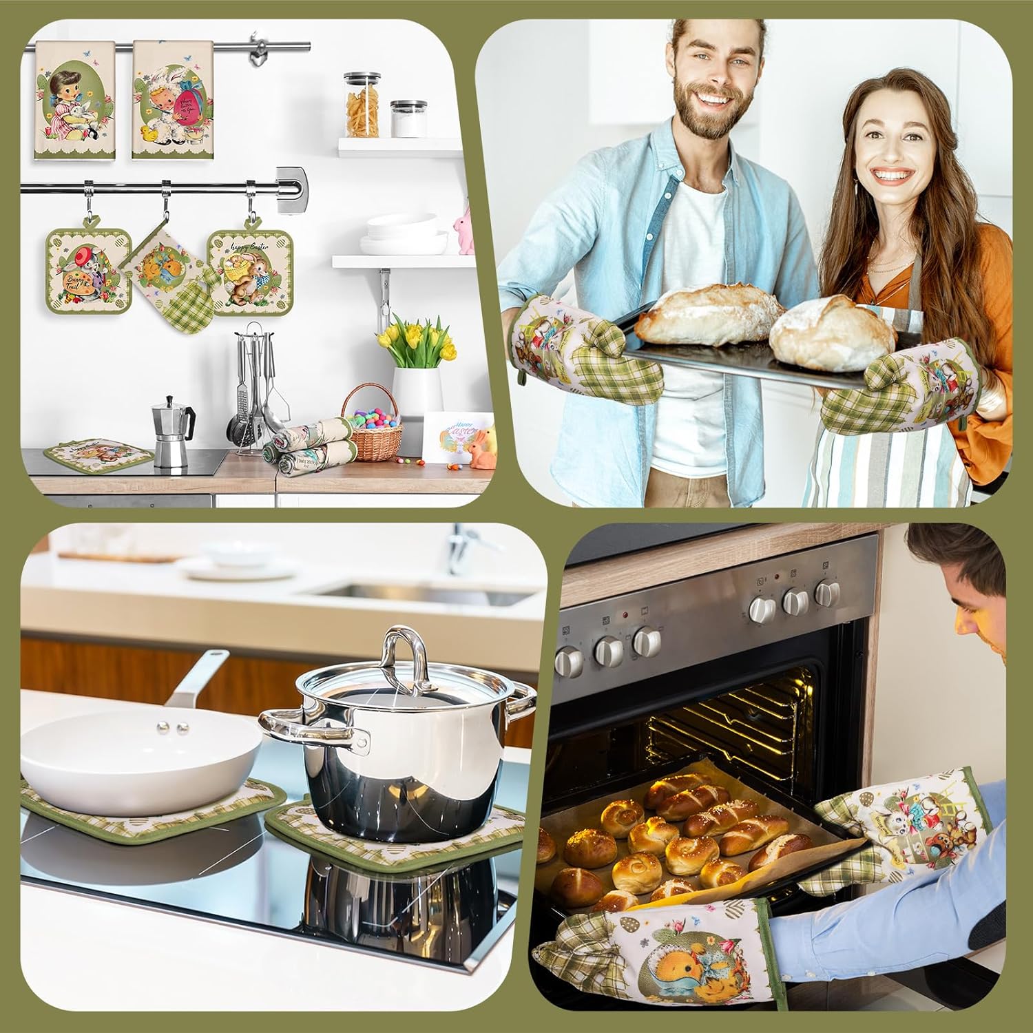 VitalCozy 8 Pcs Easter Kitchen Towels Oven Mitts and Pot Holder Sets Happy Easter Kitchen Towels Dish Towel Retro Border Bunny Little Girl Chick Heat Resistant Oven Gloves Potholder for Holiday Baking - Image 7