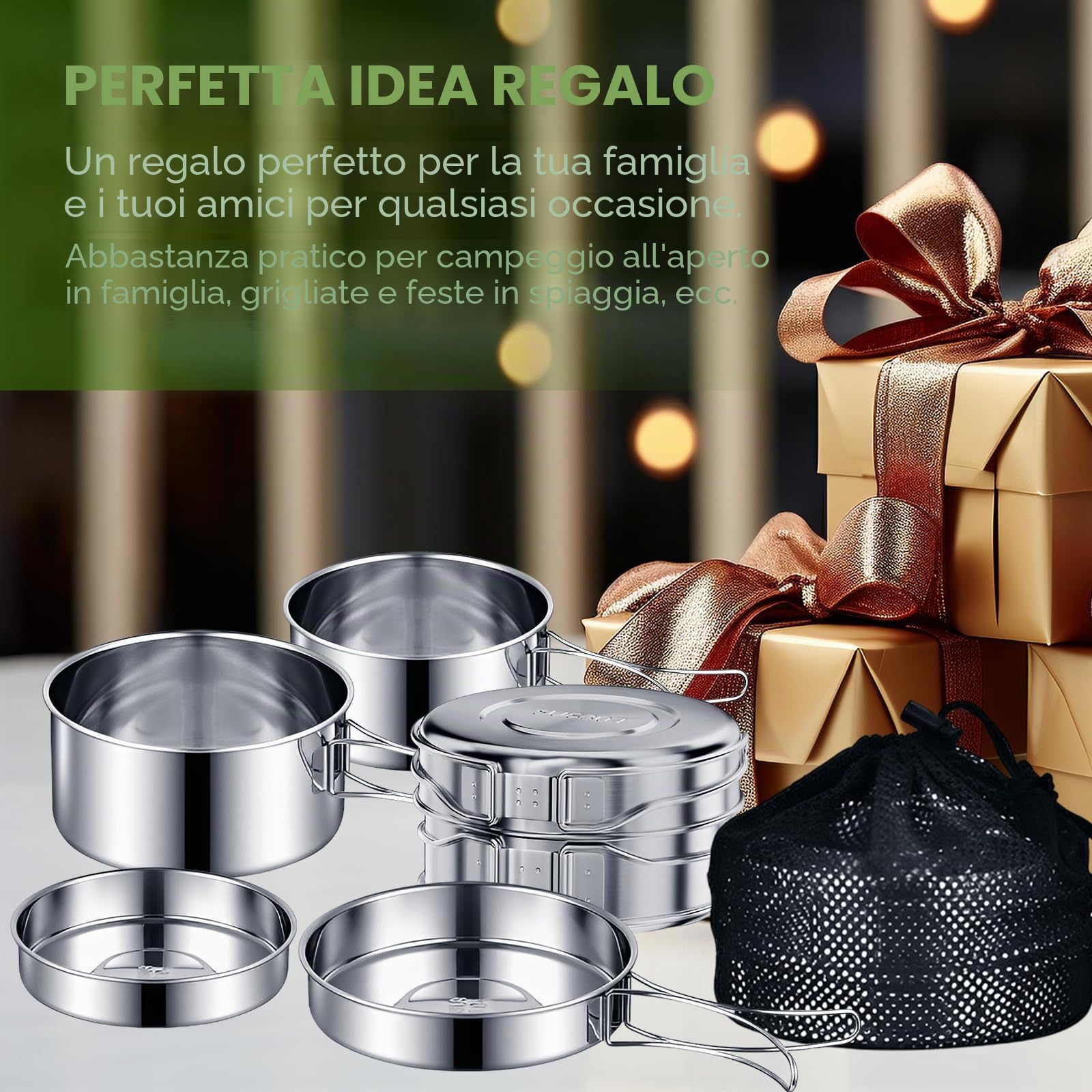 set di pentole e stoviglie da campeggio in acciaio inox 304, padella inclusa, portatile, pieghevole, impilabili, per escursioni, picnic, viaggi