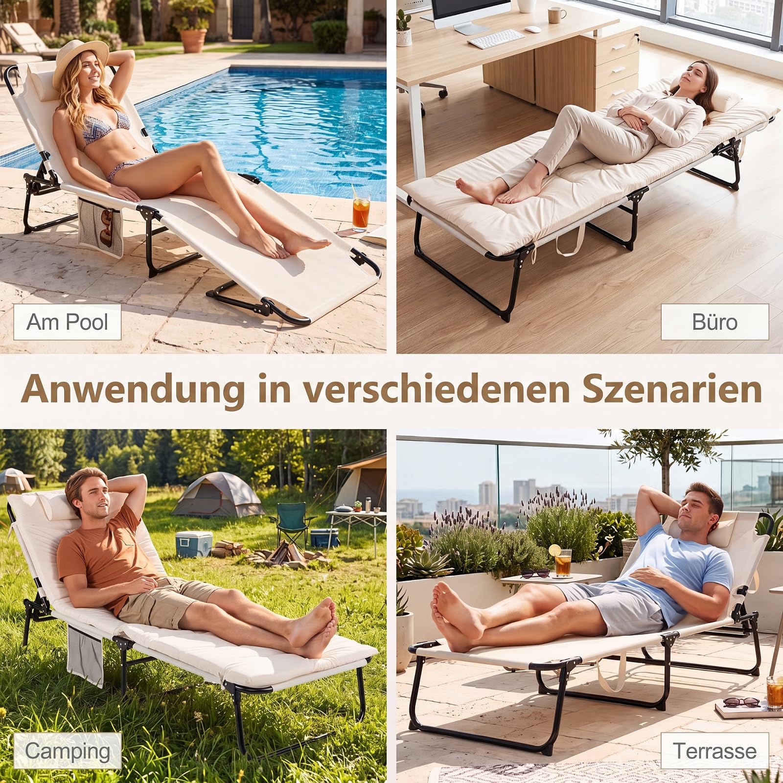 COSTWAY Sonnenliege klappbar, Liegestuhl mit Auflage, Seitentasche, Kopfstütze & Verstellbarer Rückenlehne, Gartenliege, Klappliege, Gästebett, Campingbett, Relaxliege für Garten, Terrasse (Beige)