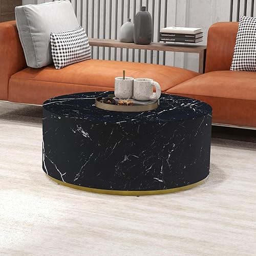 Miniatura 73 de kevinplus Mesa auxiliar negra para sala de estar, diseño de borde dorado inferior, negro y dorado (diámetro de 15.6 x 19.5 pulgadas) S1-negro y