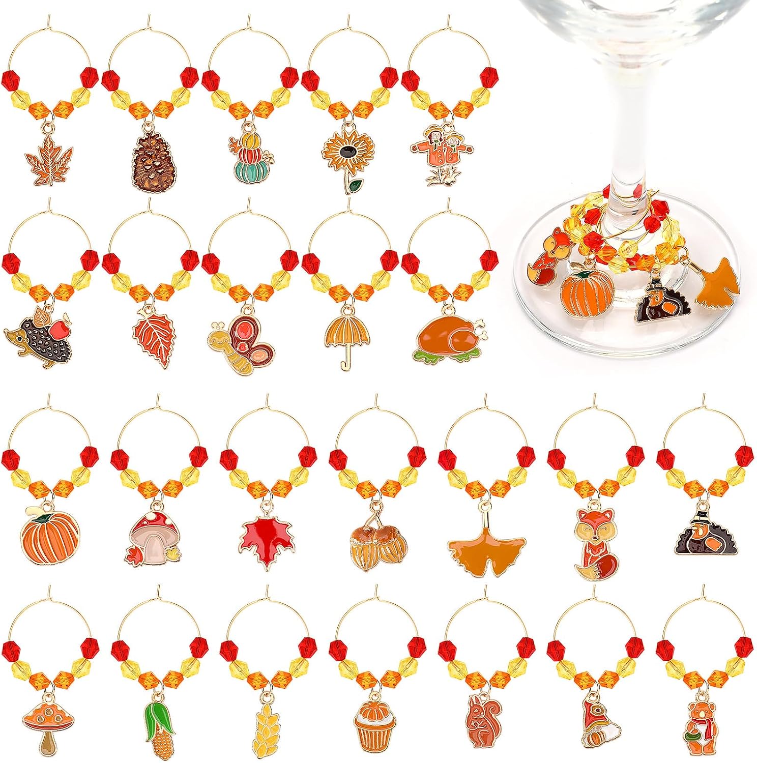 JUNEBRUSHS 24Pcs Thanksgiving Wine Charms, Fall Wine Glass Charm Rings for Stem Glasses