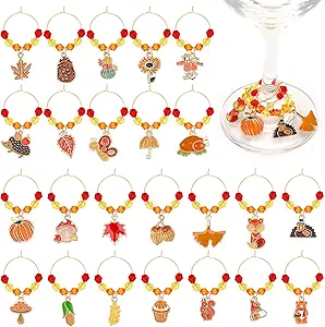 JUNEBRUSHS 24Pcs Thanksgiving Wine Charms, Fall Wine Glass Charm Rings for Stem Glasses, Wines Glass Charms Drink Marker Tags for Thanksgiving Wines Party Ornaments