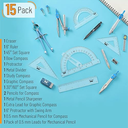Miniatura 21 de Mr. Pen - Juego de geometría con transportador con brazo móvil de 6 pulgadas, divisor, escuadras, regla, compás y transportador, juego de 15 piezas