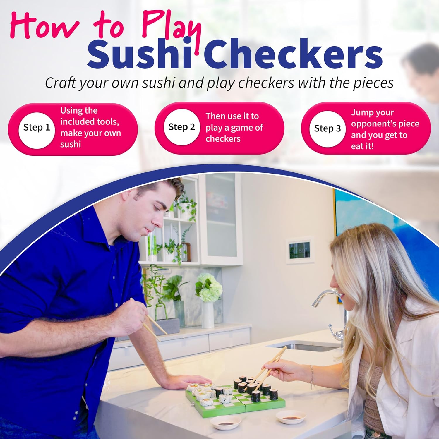 Project Genius: Sushi Checkers - Game & Sushi Making Set, Folding Bamboo Game Board, 24 Checkers & Chopsticks Set, Adults & Kids Ages 8+, 2 Players