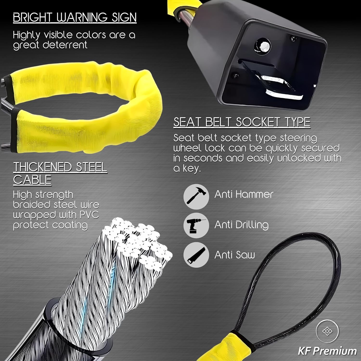 Universal Steering Wheel Lock with Seat Belt Socket – Anti-Theft Security Cable Lock for Car, Truck, SUV – 300lb Load Steel Wire, Bright Yellow Deterrent, Anti-Saw, Anti-Hammer, Anti-Drill