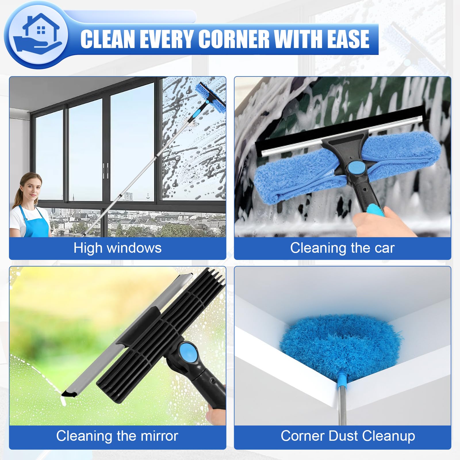 4-in-1 Teleskop Fensterwischer Set – Ausziehbar bis 4m, 360° Drehbarer Kopf, Mikrofasertuchbürsten, Stauber & Gummischaber, Fensterputzer Set für Fenster, Dusche, Auto und Glasreinigung (Blau)