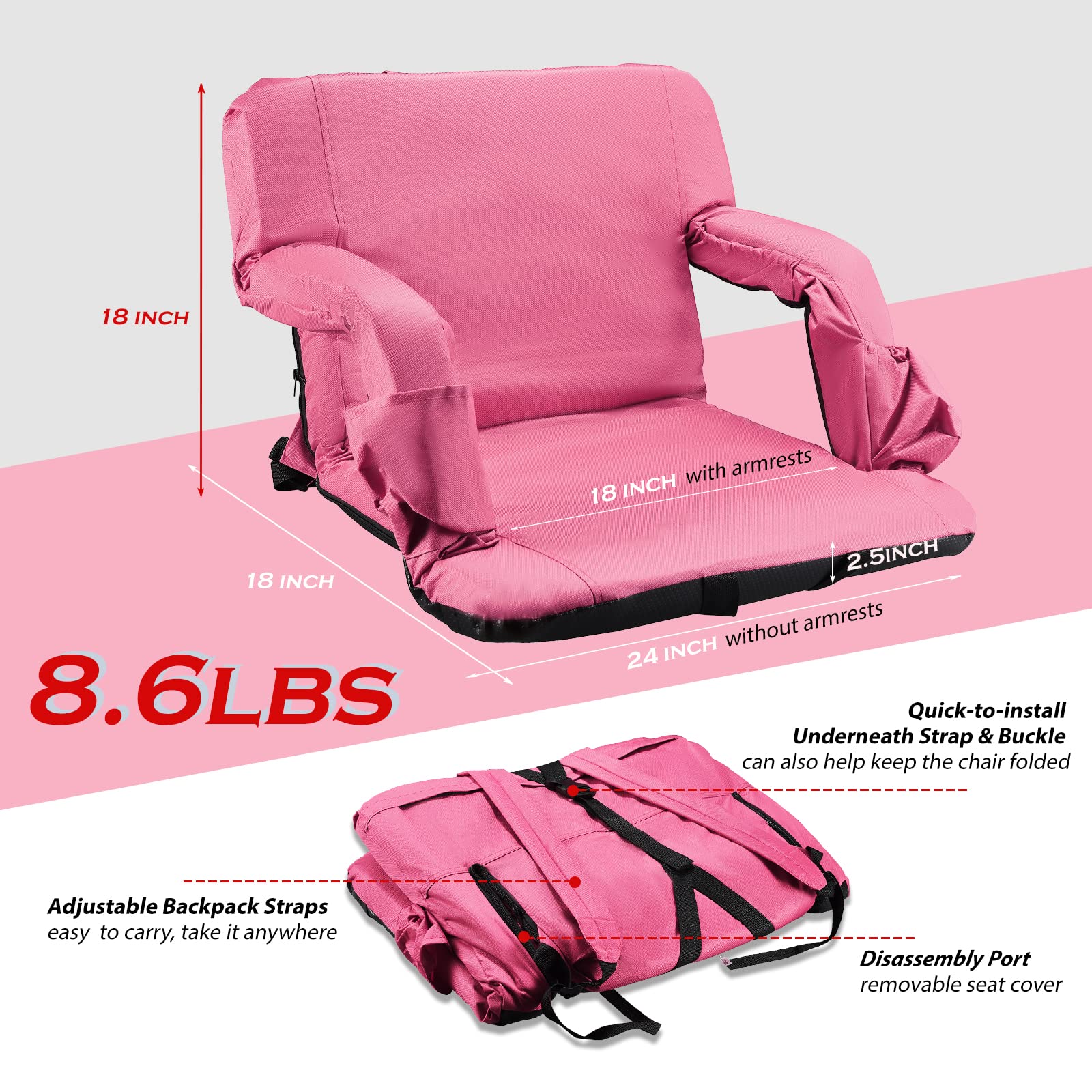 Stadium Seats for Bleachers with Back Support and Thick Padded Cushion,24" Large Portable Reclining Folding Chair with Optional Arms, 4 Pockets and Shoulder Straps,Big Size, Pink