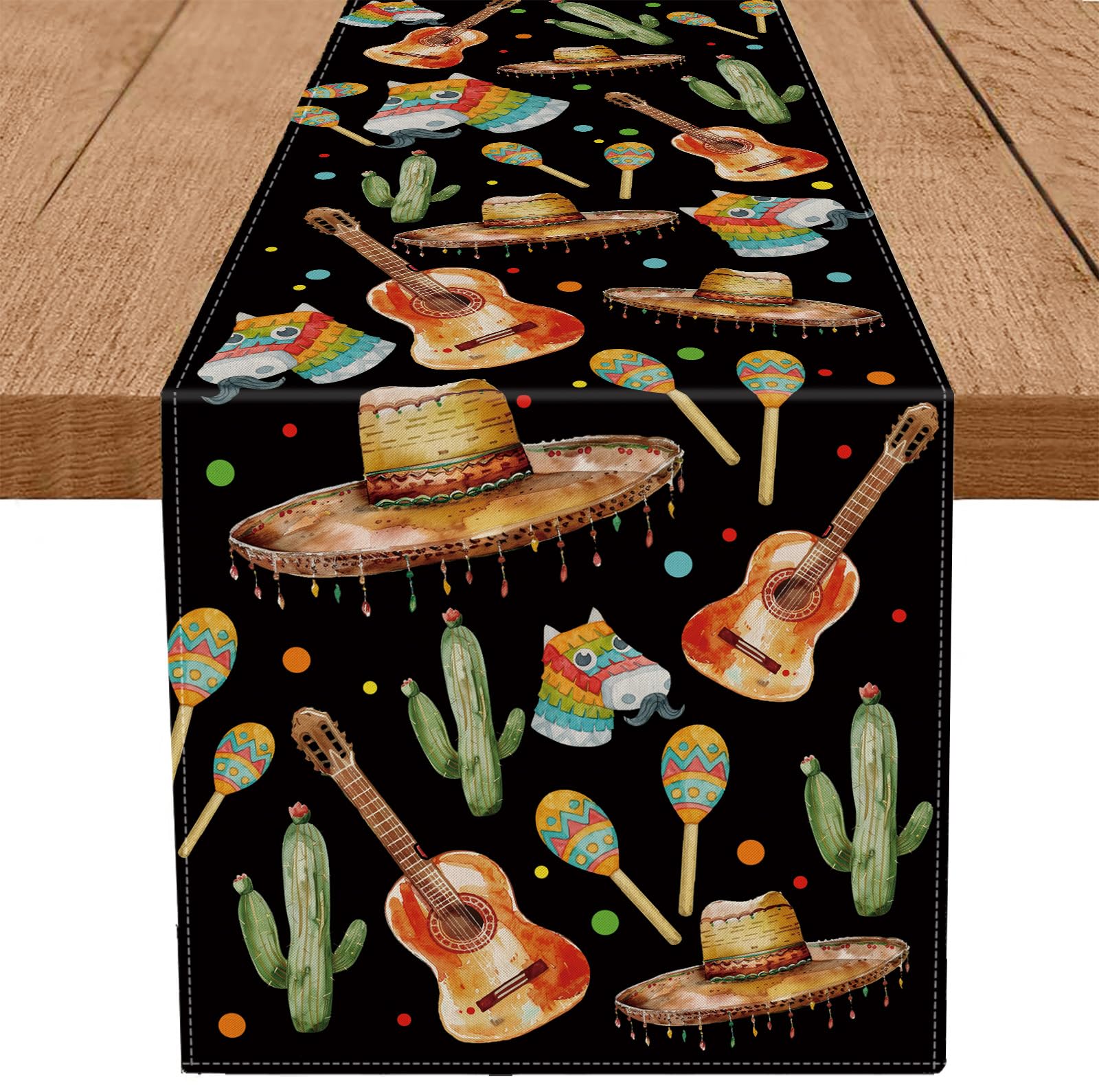 QIONG MENG Cinco de Mayo Table Runner Guitar Cactus Hat Black Runner Mexican Fiesta Kitchen Dining Table Decoration Home Party Supplies 13x60 Inch
