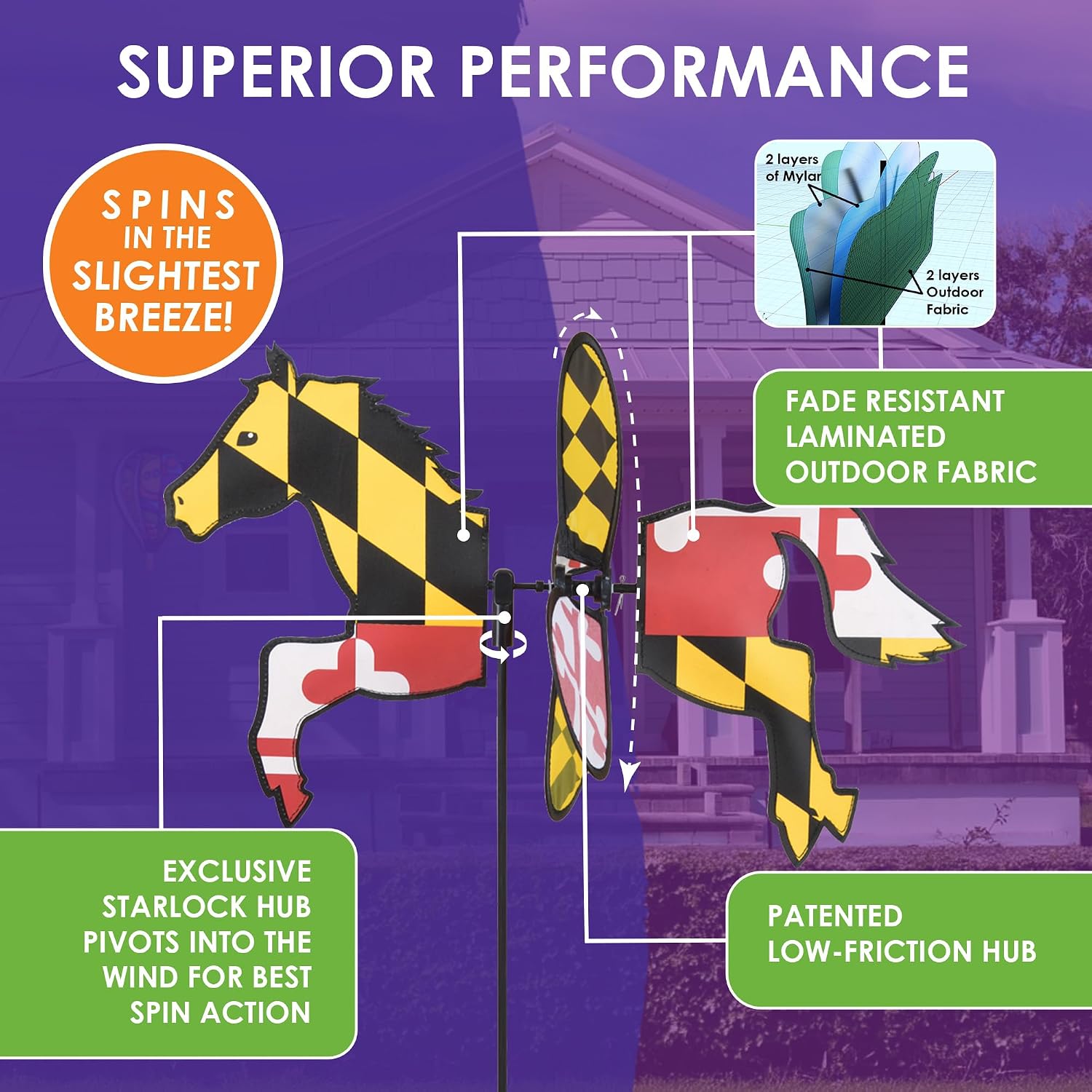 Premier Kites Petite Spinner Maryland Horse – Whimsical Wind Spinner for Yard & Garden, Durable Weather-Resistant Fabric, Easy to Assemble, Outdoor Decor for Patios, Lawns, & Fairy Lovers
